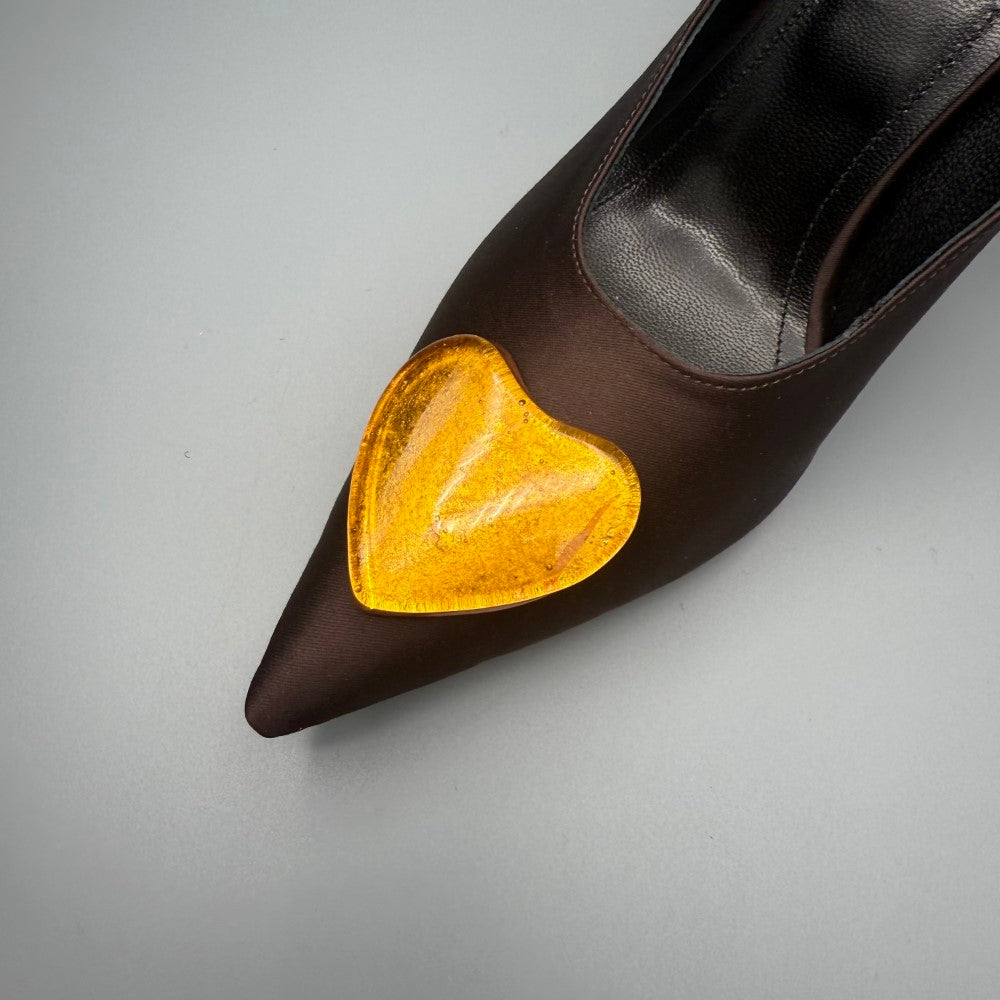 Yoko Slingback Chocolate Satin Amour adds beauty to online pumps shopping. Shop Now!