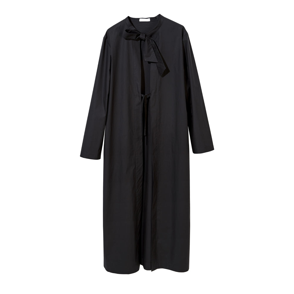 Discover the Zen Coat at The Luxe Maison, featuring a lightweight, unlined design, stand-up collar, tie fastening, bell sleeves, and a slim calf-length silhouette.