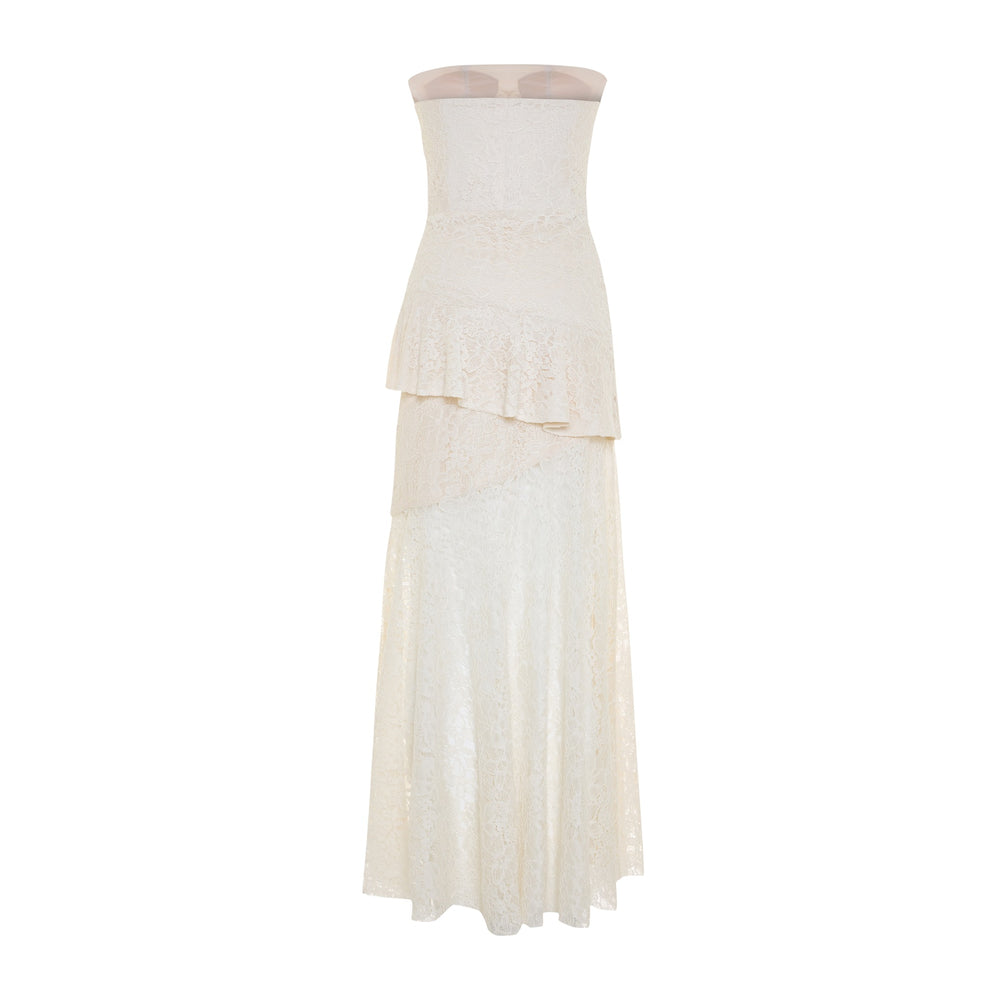 Shop online from our exclusive website and discover the Zephyra Dress by Nana Gotti, a romantic strapless lace dress with a structured bodice and flowing asymmetric layers for timeless elegance.