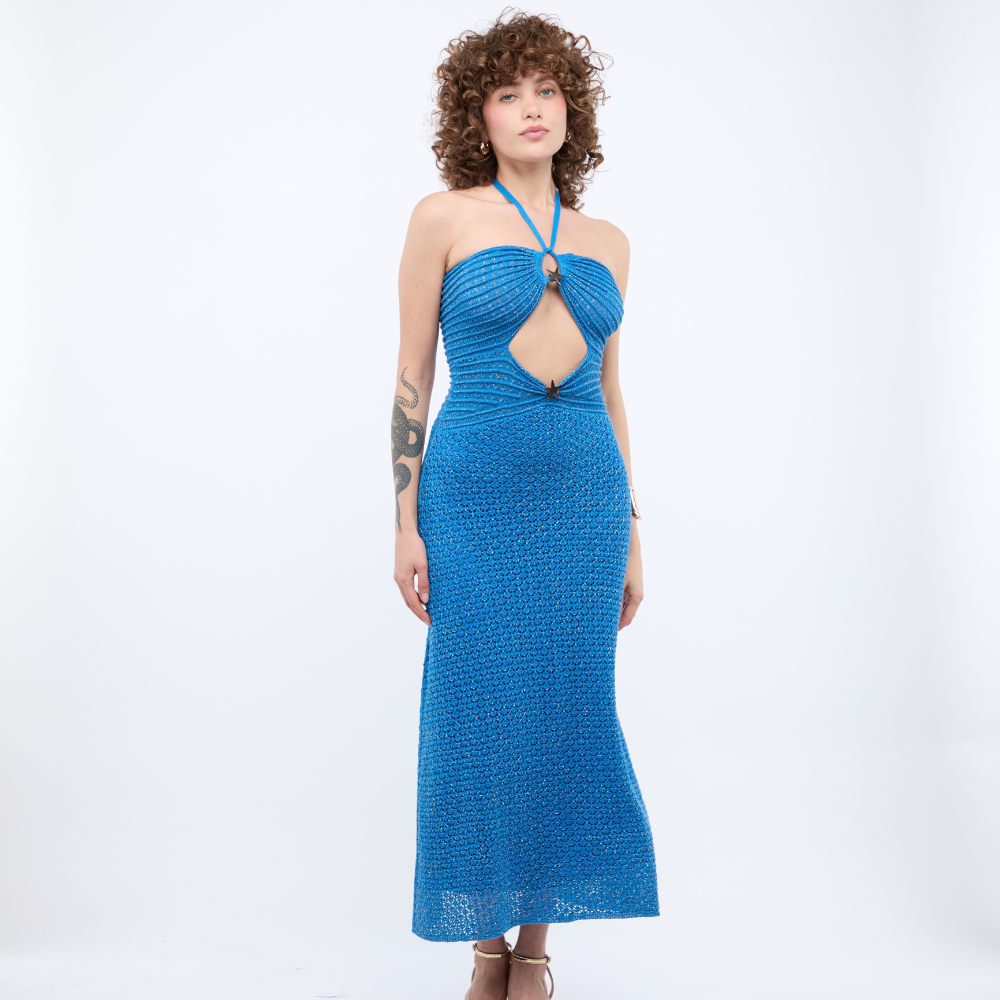 Shop the Zully Maxi Dress at TLM, featuring a center cutout with gold hoops, charms and tie straps. Explore luxury fashion on The Luxe Maison website.