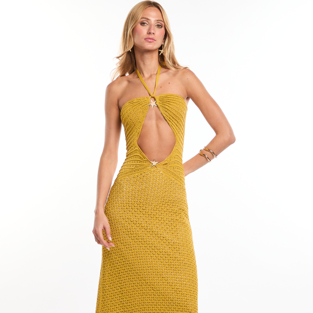 Shop the Zully Maxi Dress at TLM, featuring a center cutout with gold hoops, charms and tie straps. Explore luxury fashion on The Luxe Maison website.