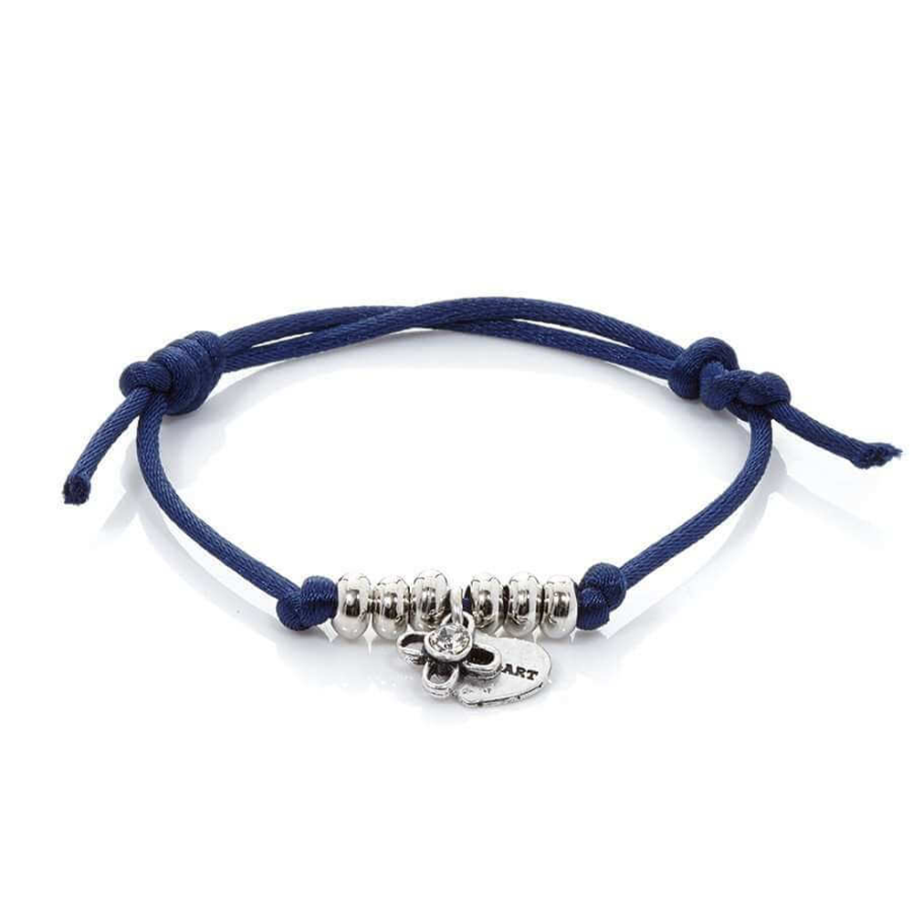 Featuring this handmade thin colorful bracelet made of polyester and silk, charms in silver-plated brass and crystals.