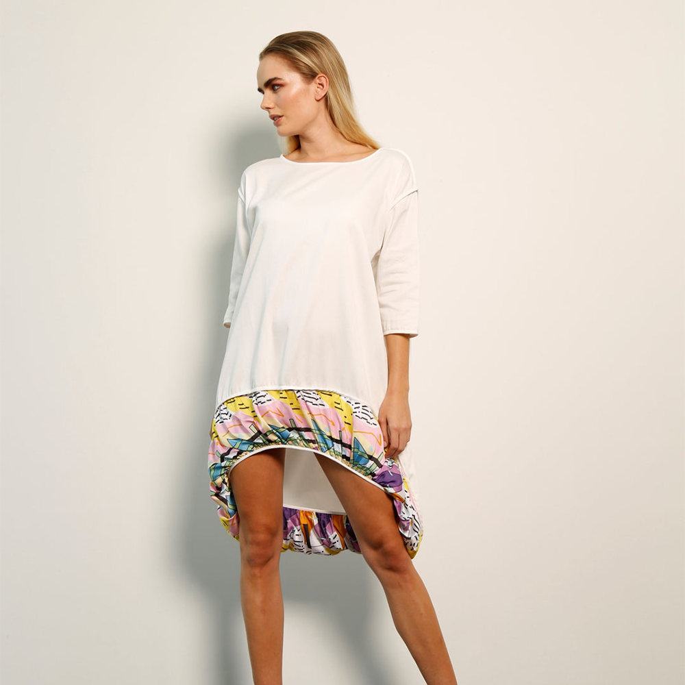 Relaxed parachute-style dress with hand-illustrated, digitally-printe graphic on gathered drop-hem. 