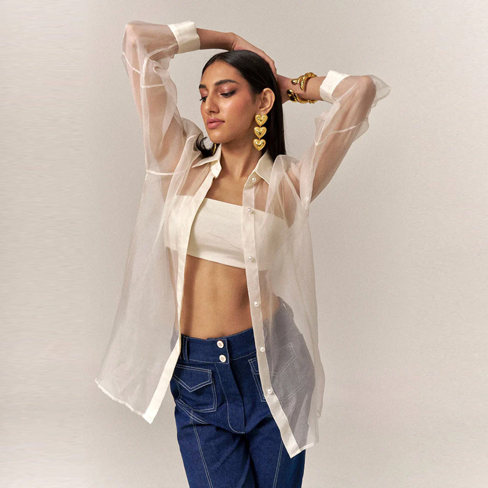 Organza silk blouse with bustier and denim, perfect for brunch and outings. Shop online from our curated edit of premium fashion.