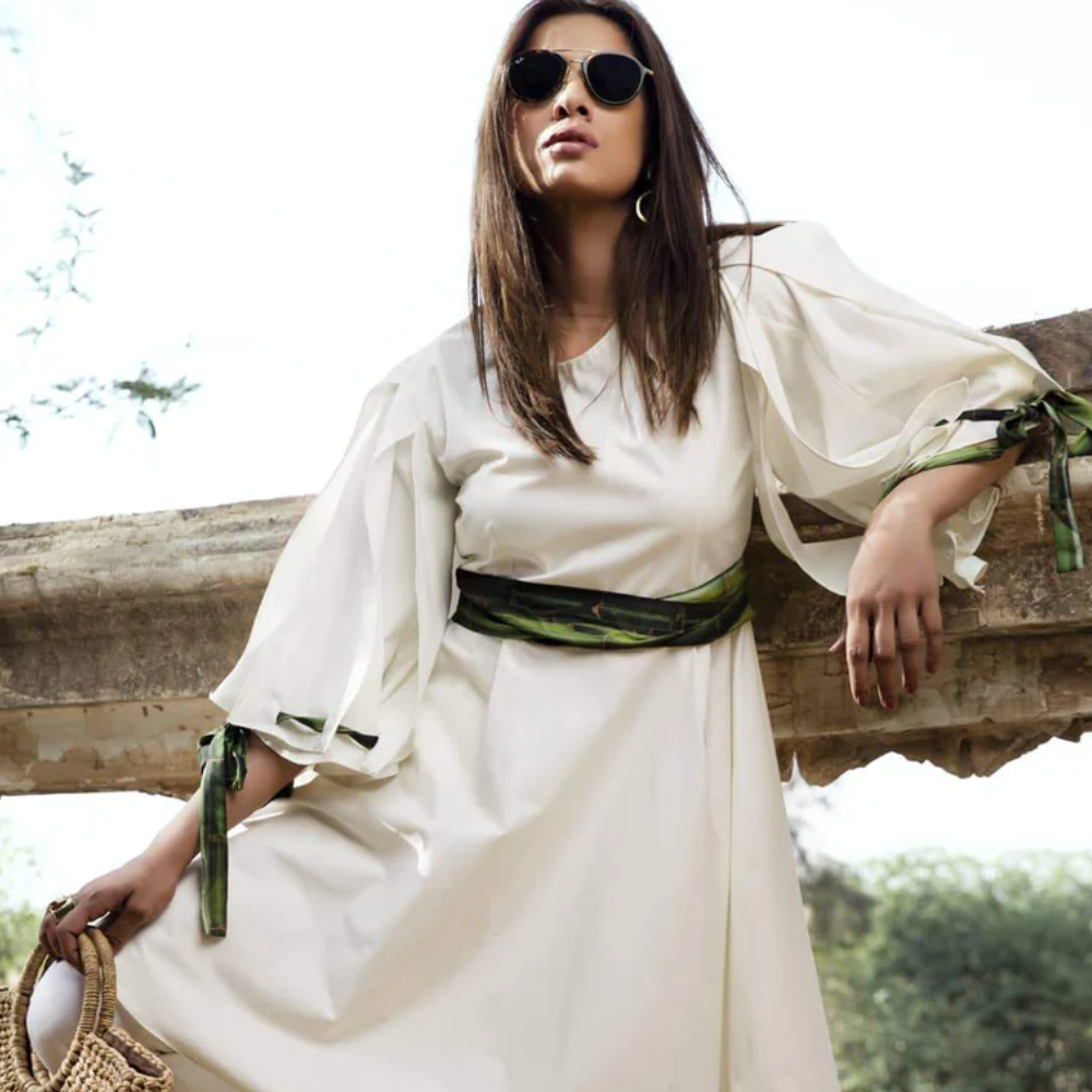 Bias Cut Shirt with Flap Sleeves Woven in Bamboo Printed Ribbon.