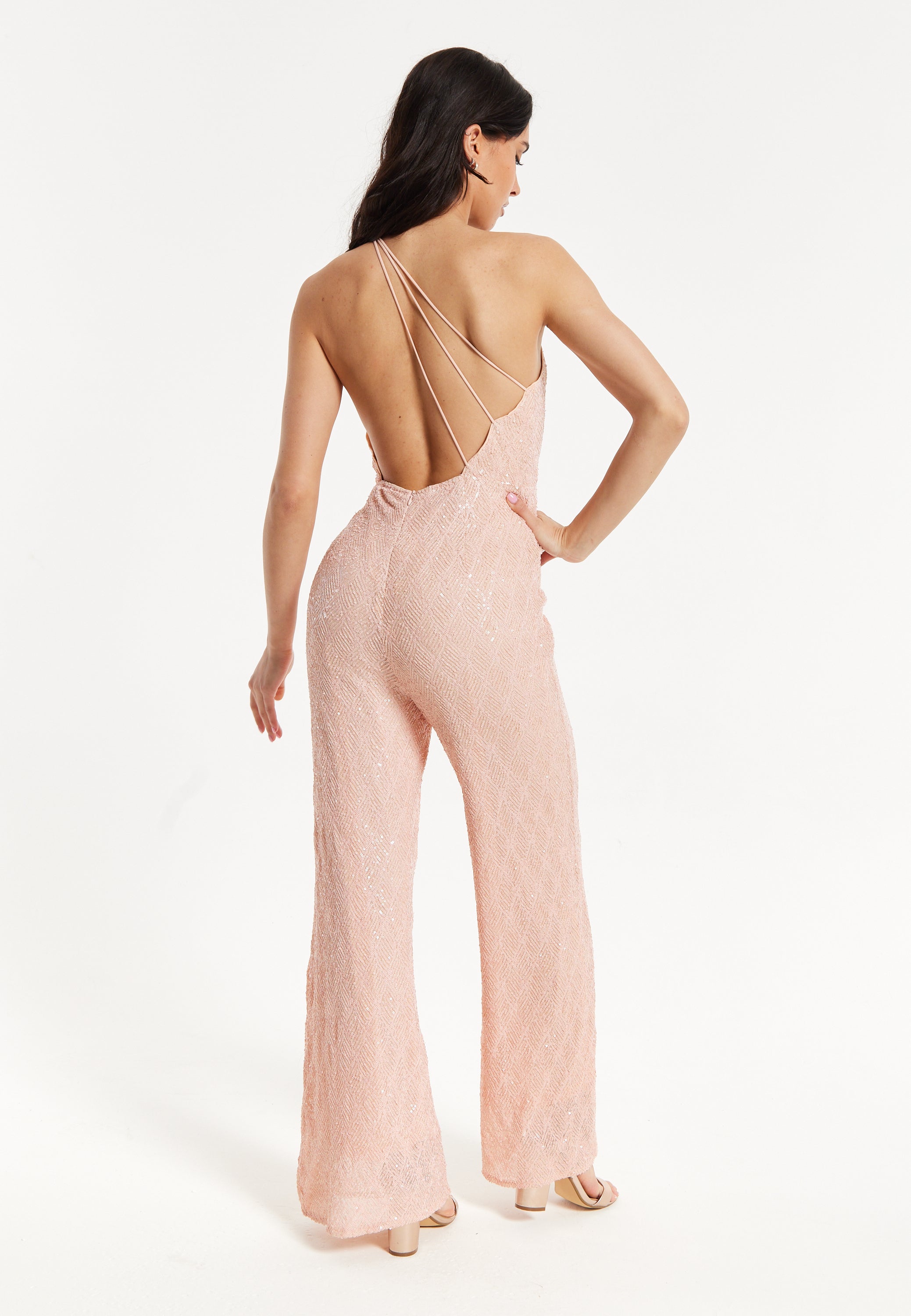 Pink Sequin One Shoulder Jumpsuit