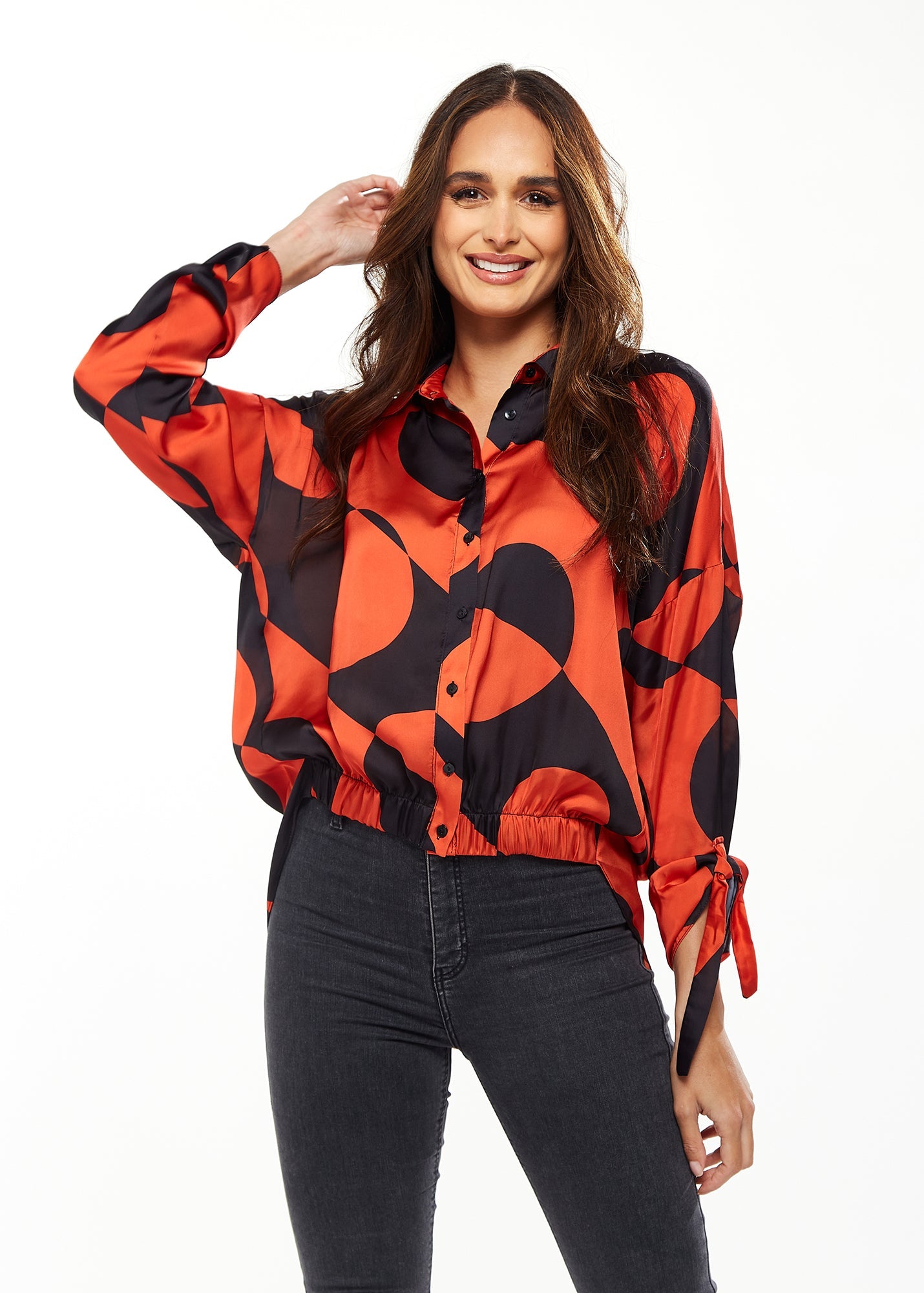 Liquorish Blouse with Oversized Polka Stripe Pattern in Red & Black
