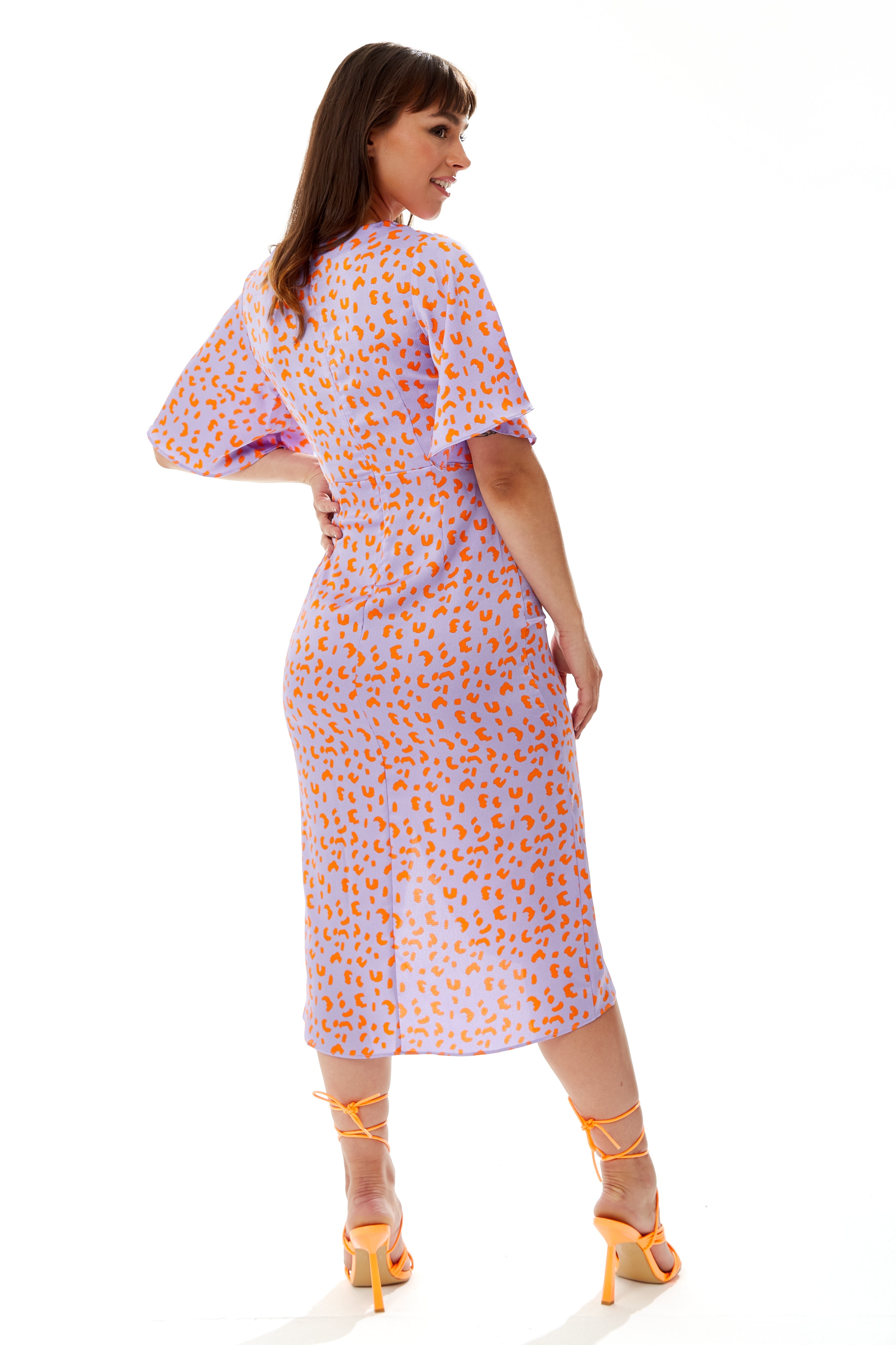 Women's Midi Wrap Dress in Lilac and Orange with Kimono Sleeves - Elegant Cheetah Print Design by Liquorish