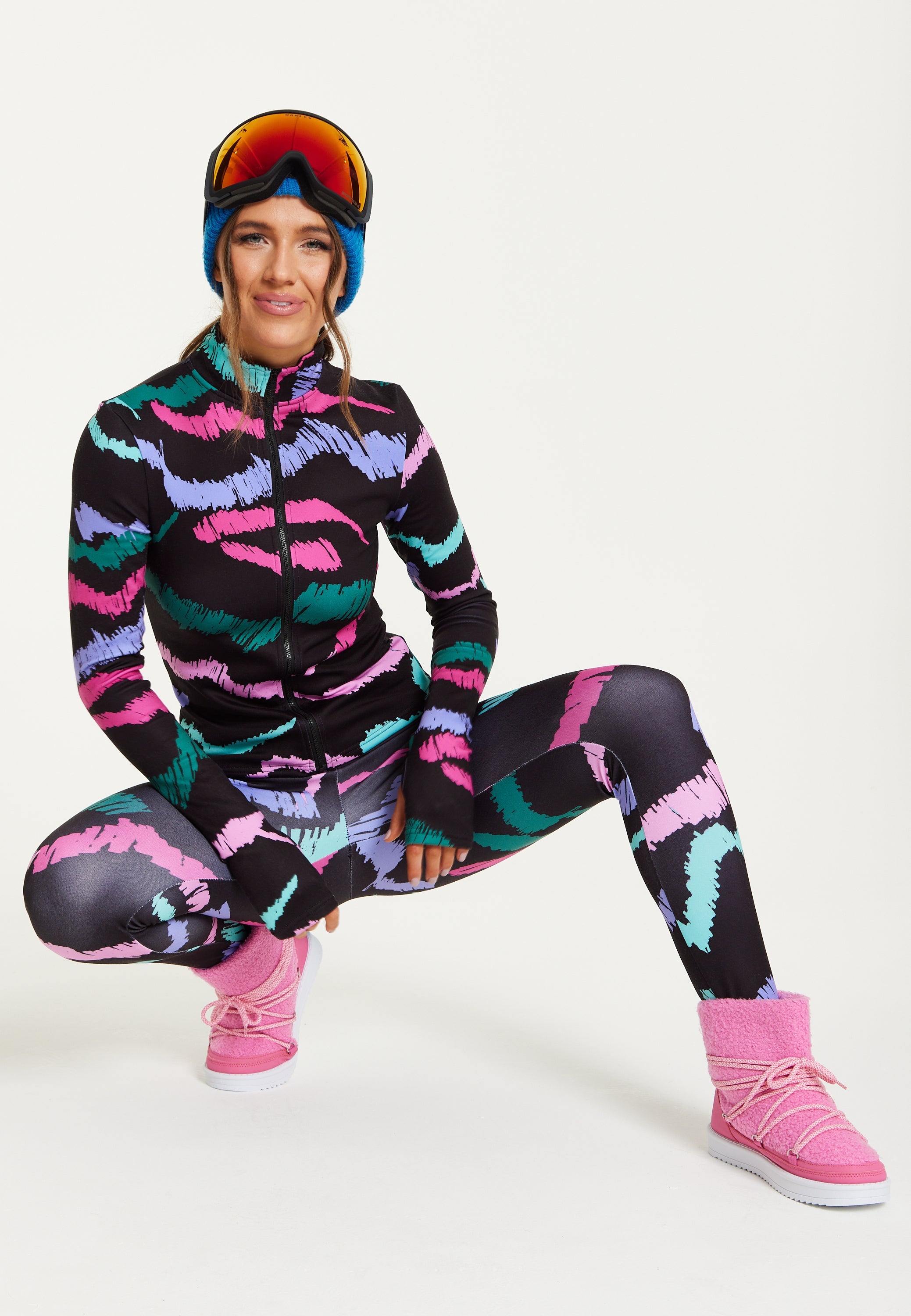 Women's Black Abstract Print Ski Base Layer Top with Zip Fastening and Thumbhole Cuffs for Comfort and Fit