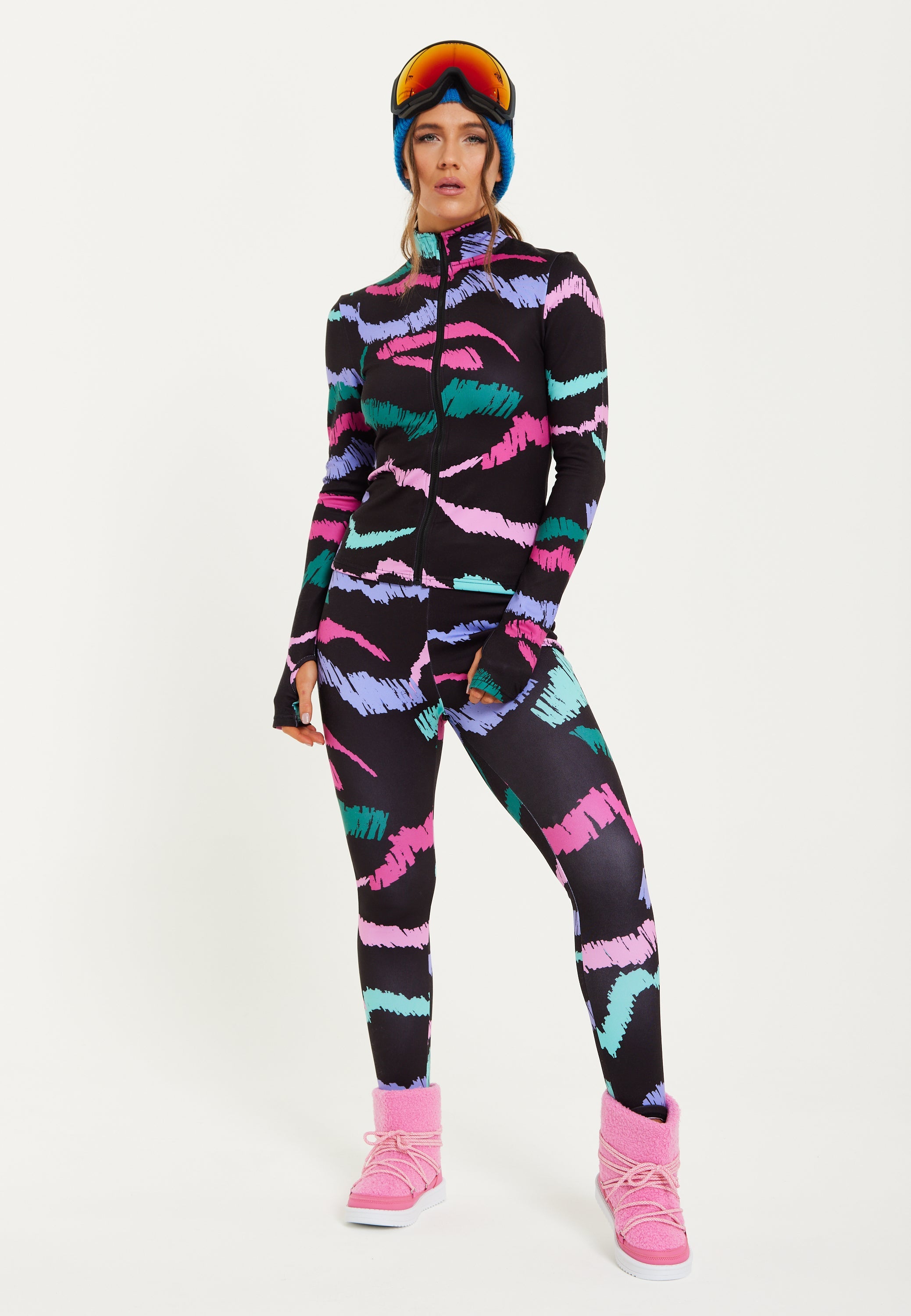 Women's Black Abstract Print Ski Base Layer Top with Zip Fastening and Thumbhole Cuffs for Comfort and Fit