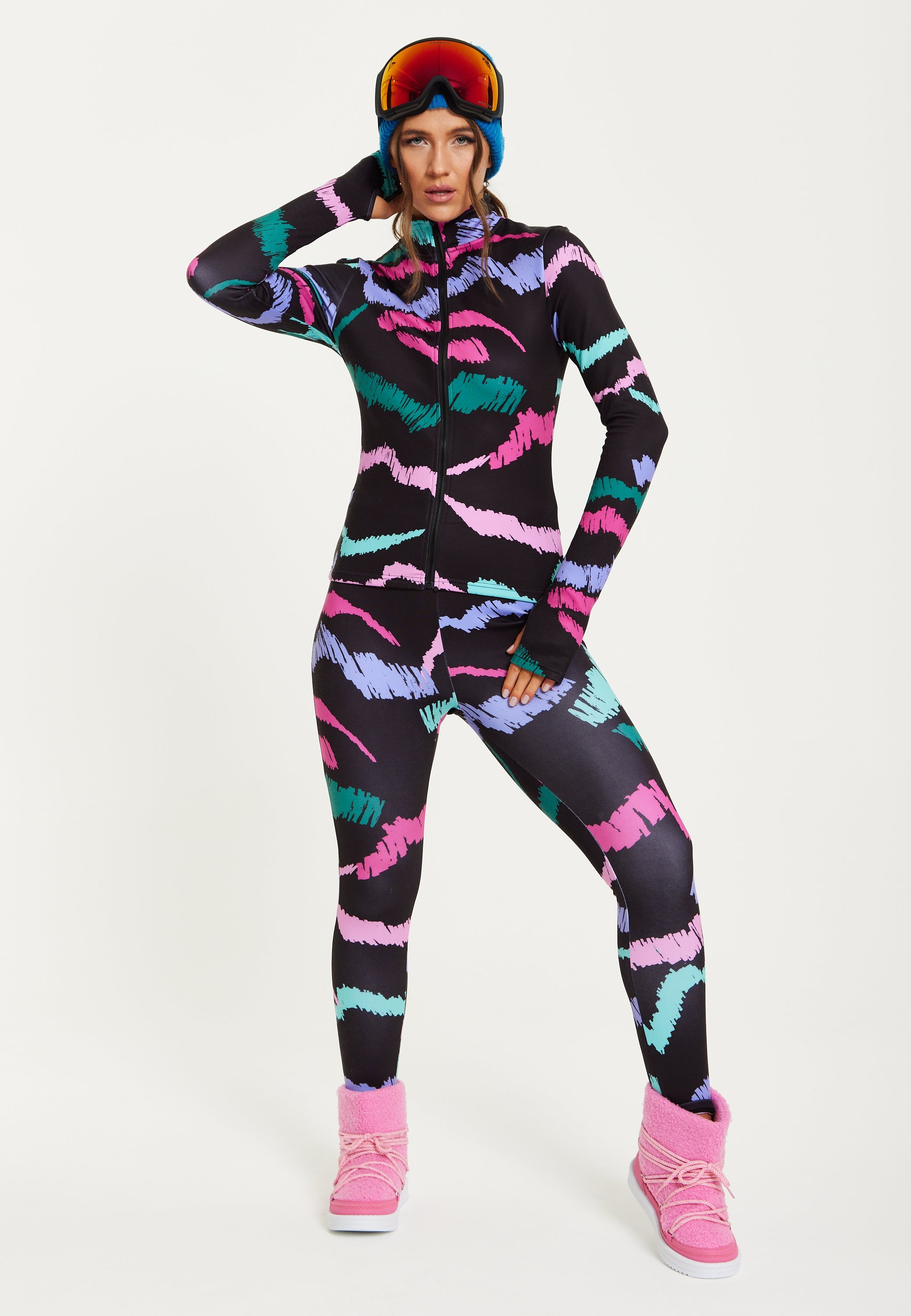Women's Black Abstract Print Ski Base Layer Top with Zip Fastening and Thumbhole Cuffs for Comfort and Fit