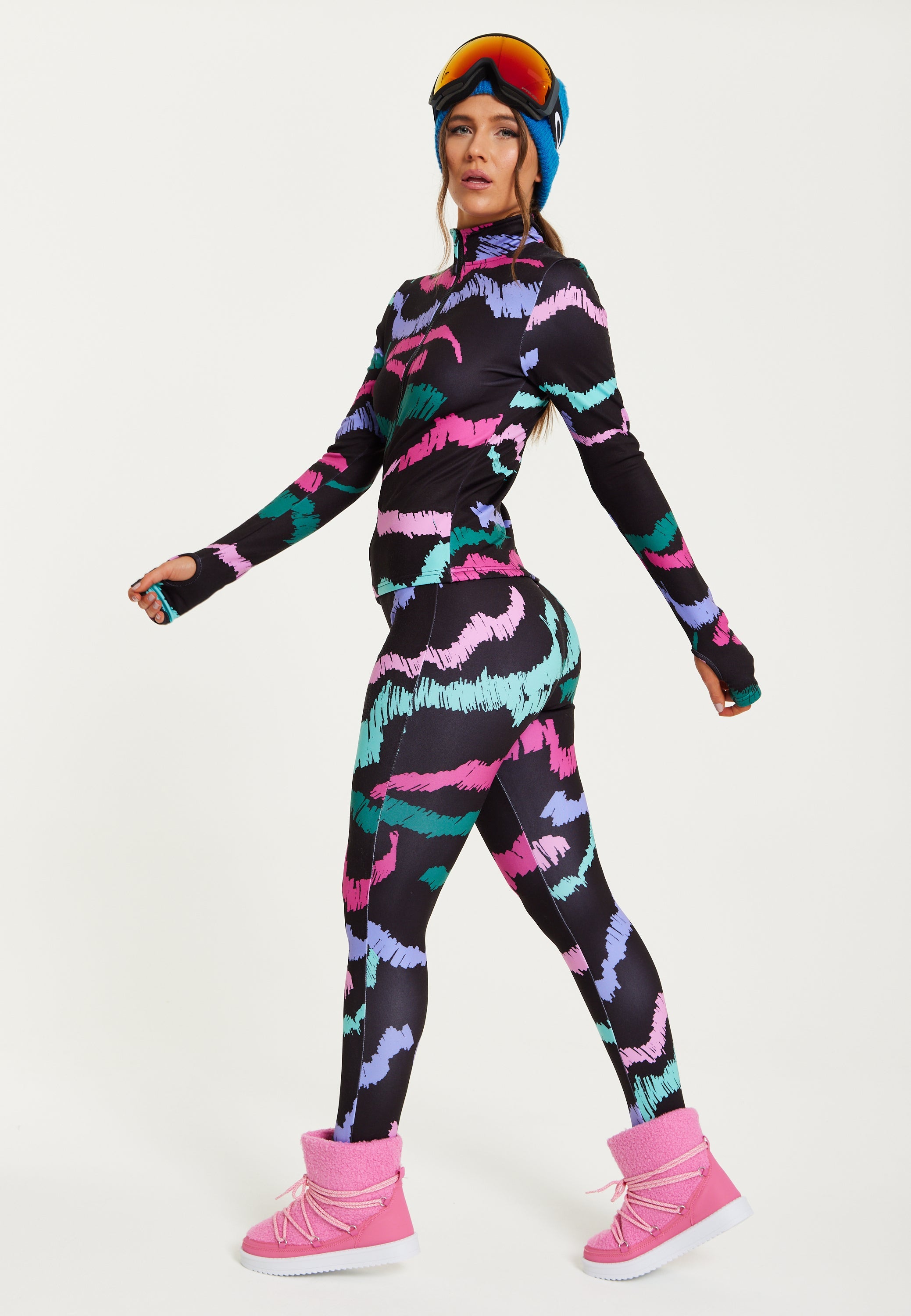 Women's Black Abstract Print Ski Base Layer Top with Zip Fastening and Thumbhole Cuffs for Comfort and Fit