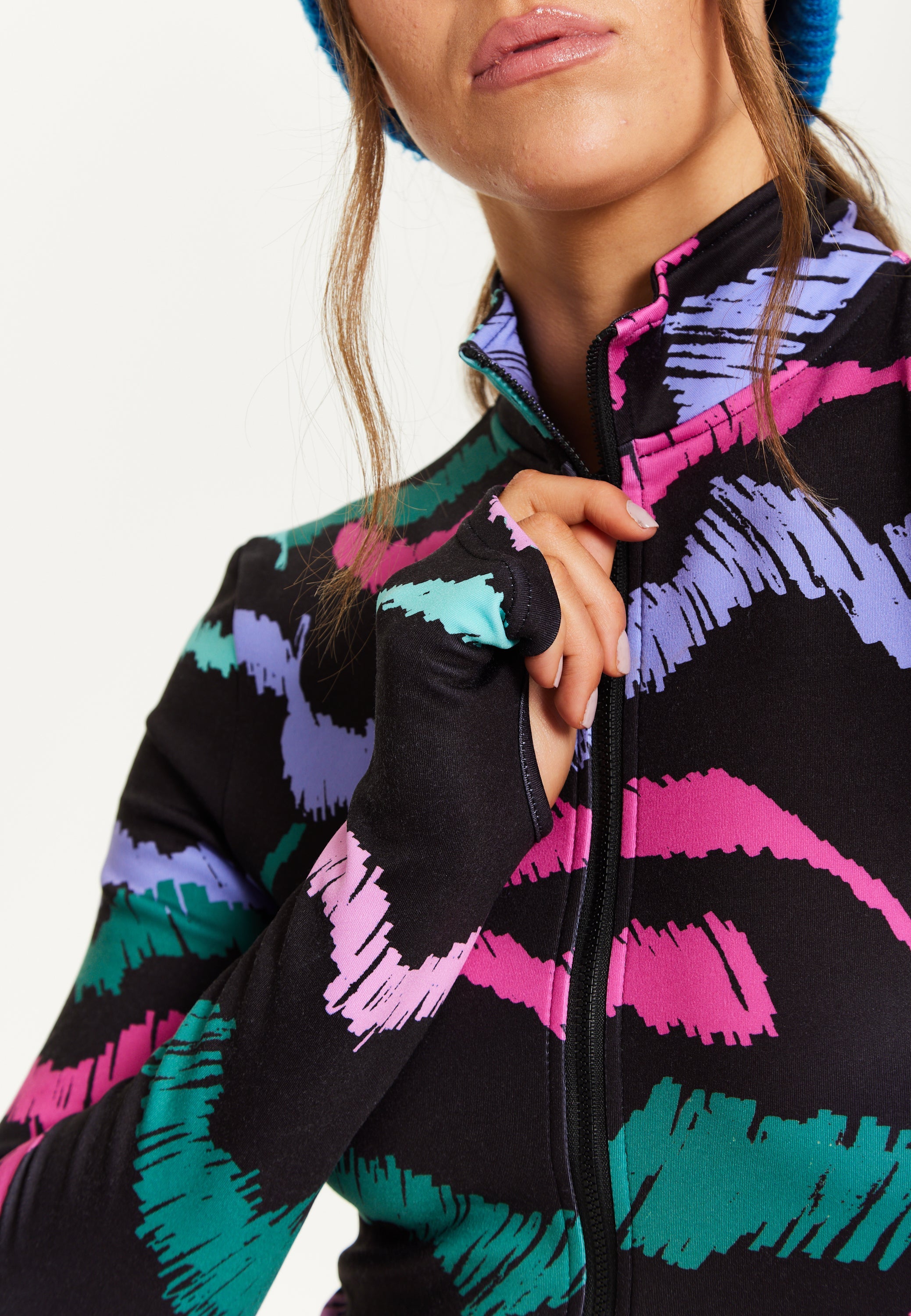 Women's Black Abstract Print Ski Base Layer Top with Zip Fastening and Thumbhole Cuffs for Comfort and Fit