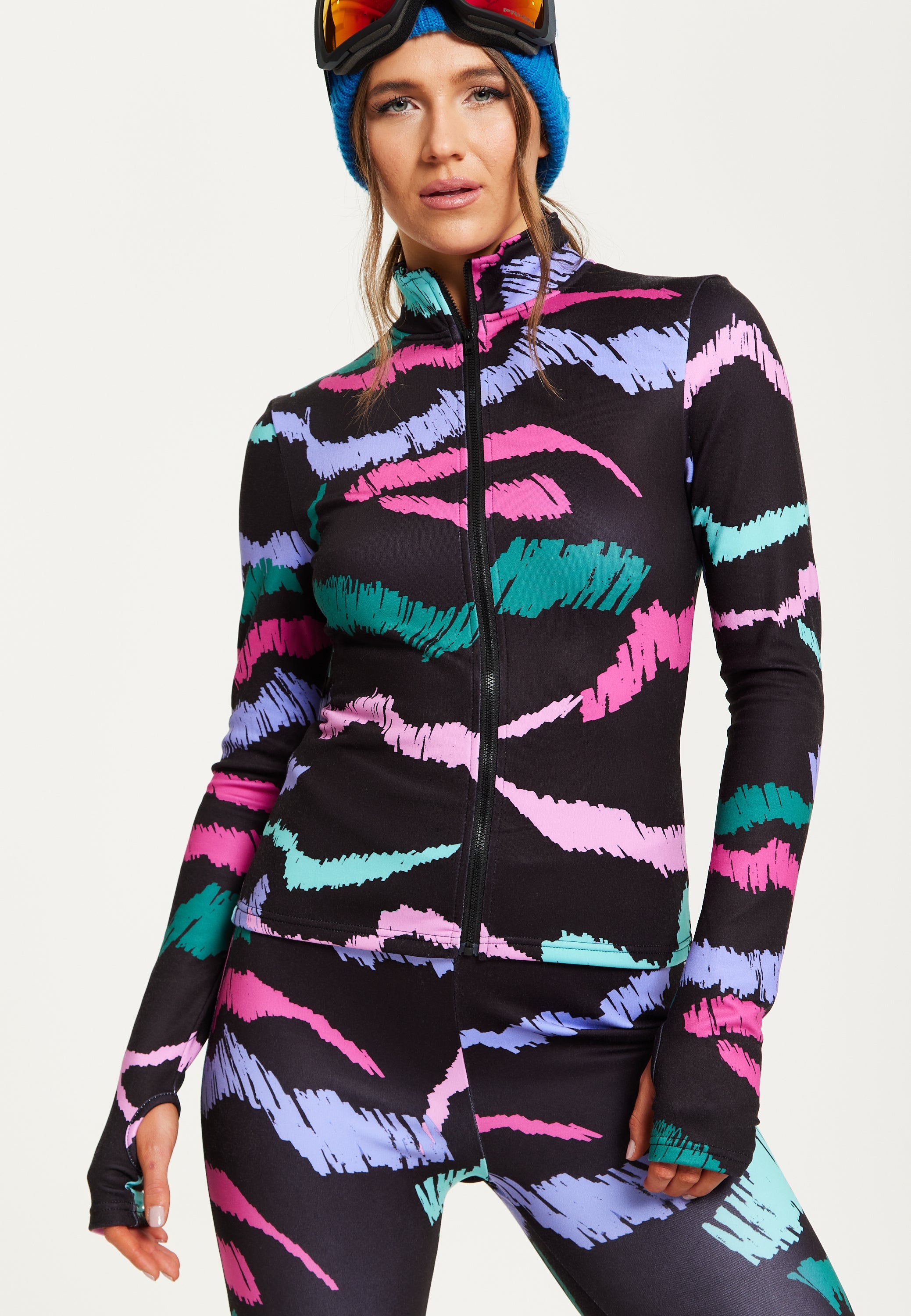 Women's Black Abstract Print Ski Base Layer Top with Zip Fastening and Thumbhole Cuffs for Comfort and Fit