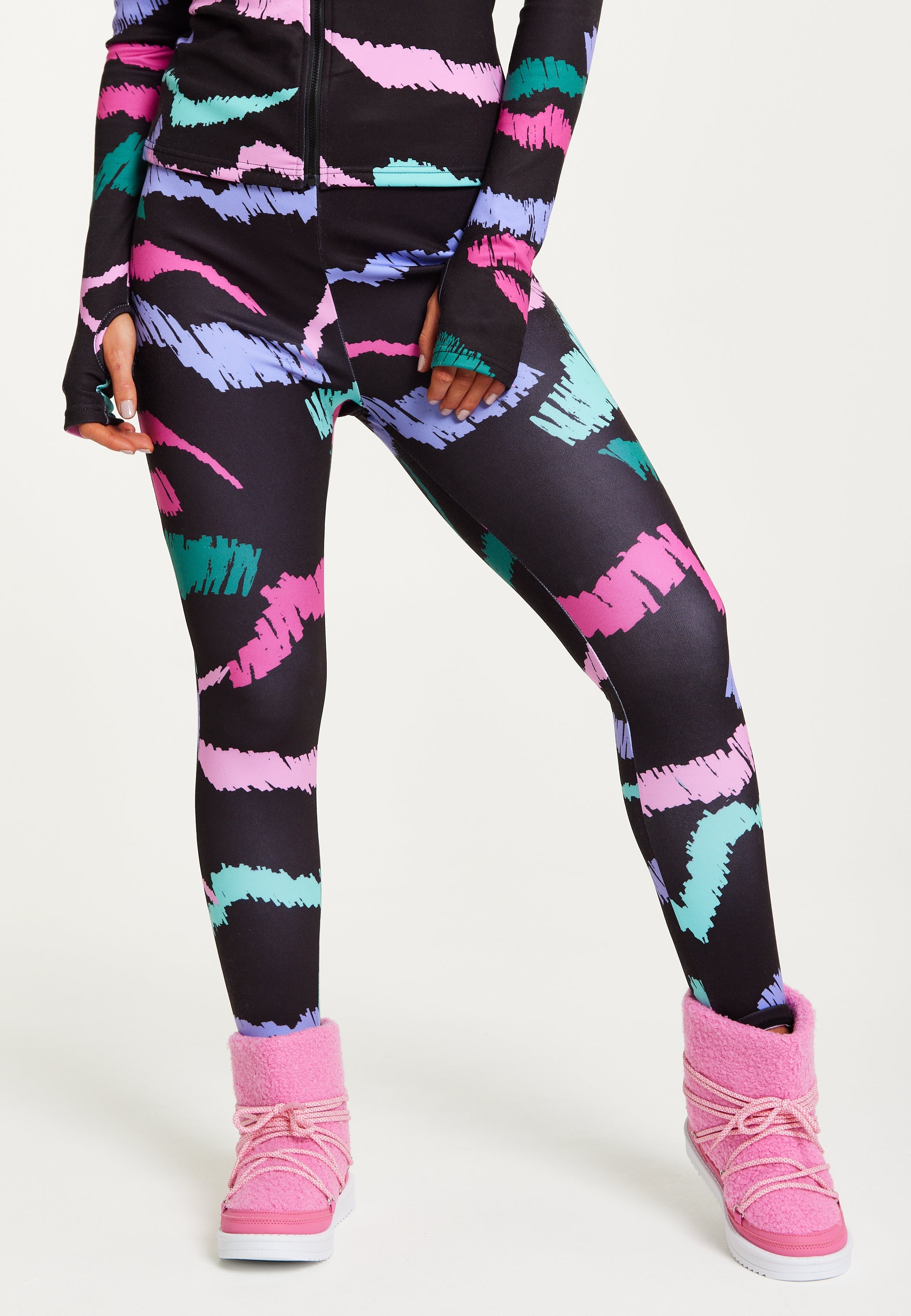 Women's Trousers in Black Abstract Print with Fleece Lining and Adjustable Stirrup Hem by Liquorish