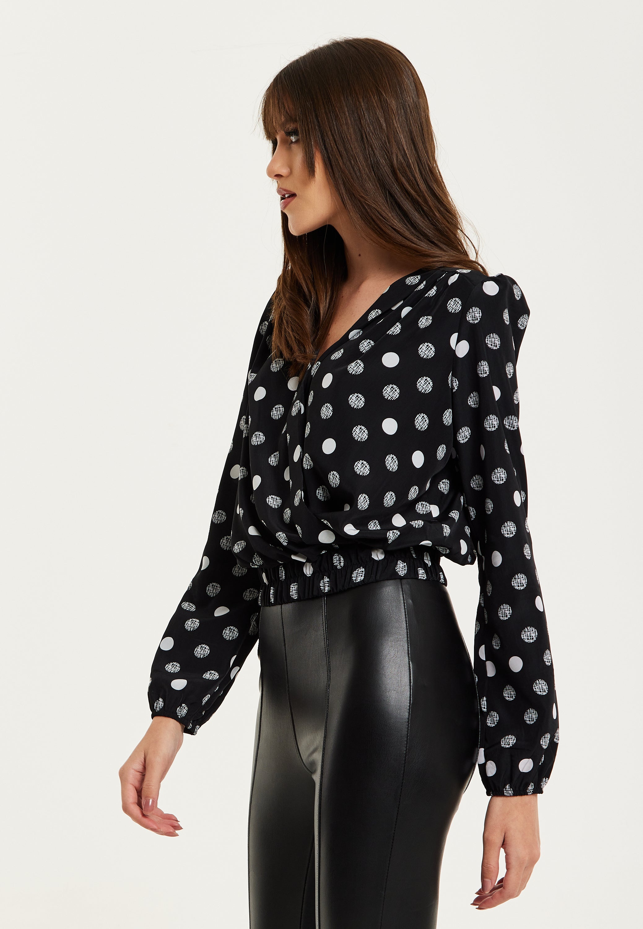 Women's Black Polka Dot Print Wrap Top with Long Sleeves, Crossover Front, V Neck, and Elasticated Waist