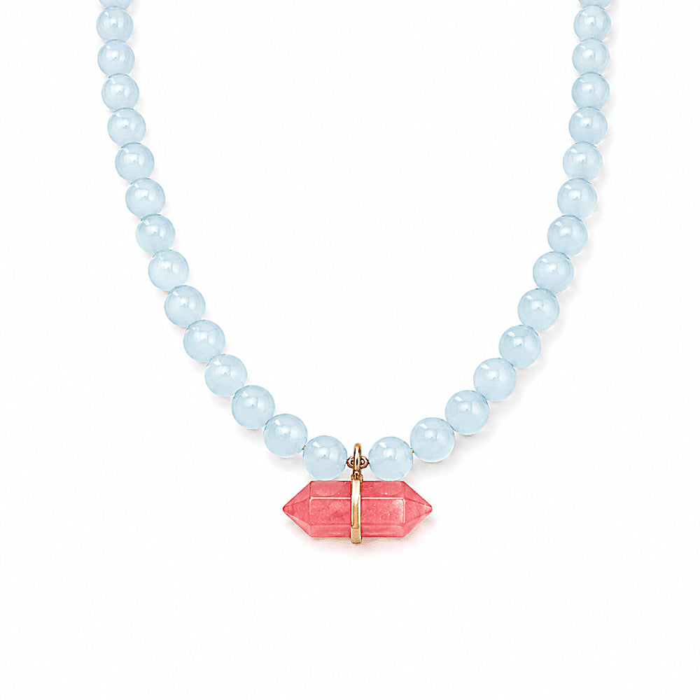 Discover the Pele Watermelon Quartz Beaded Necklace at The Luxe Maison, featuring vibrant watermelon quartz and luminous jade beads for a striking blend of passion, balance, and natural elegance.
