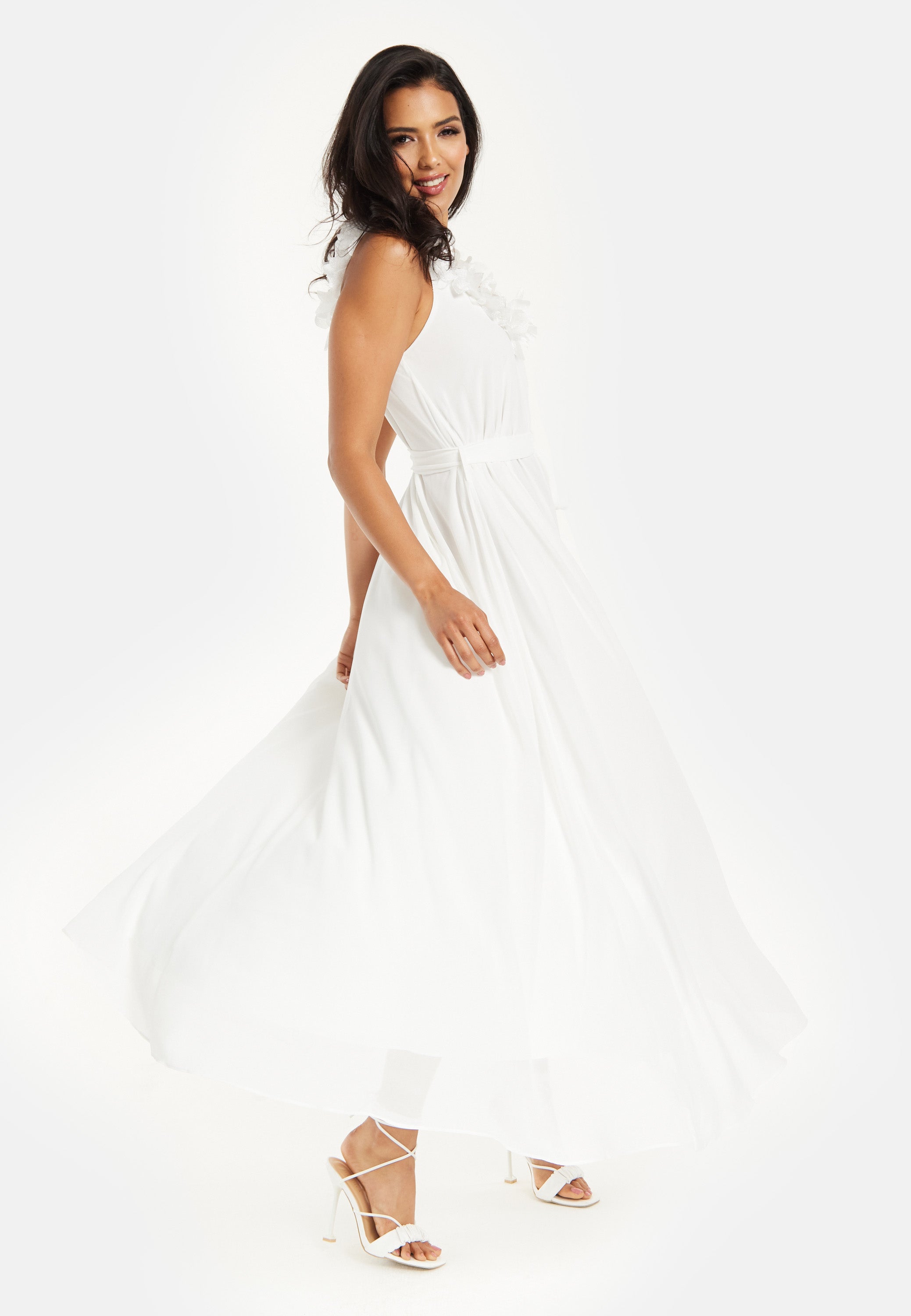 Women's Maxi Dress with Leaf Detail and Tie Waist in Off White - Stylish and Comfortable by Liquorish