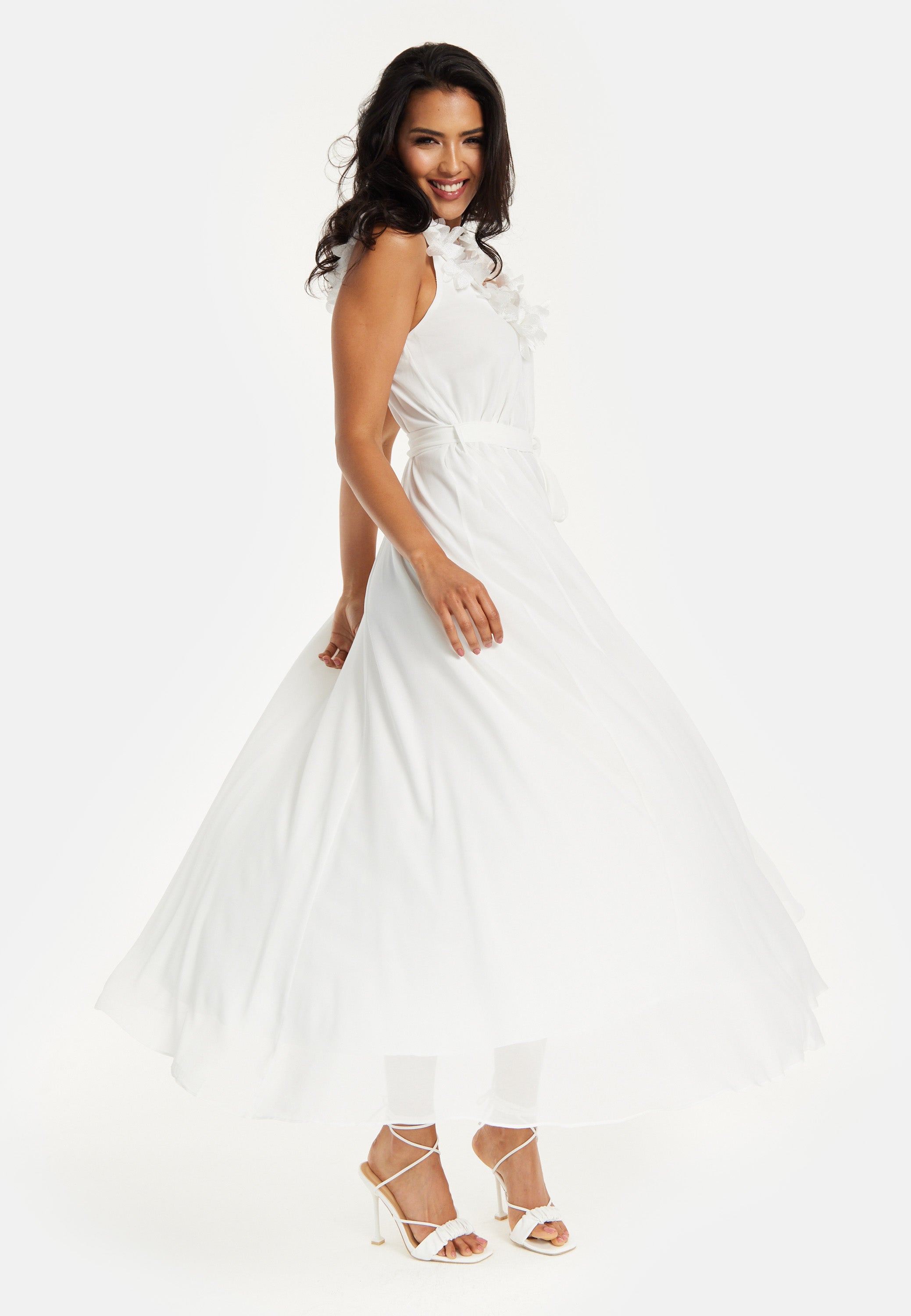 Women's Maxi Dress with Leaf Detail and Tie Waist in Off White - Stylish and Comfortable by Liquorish