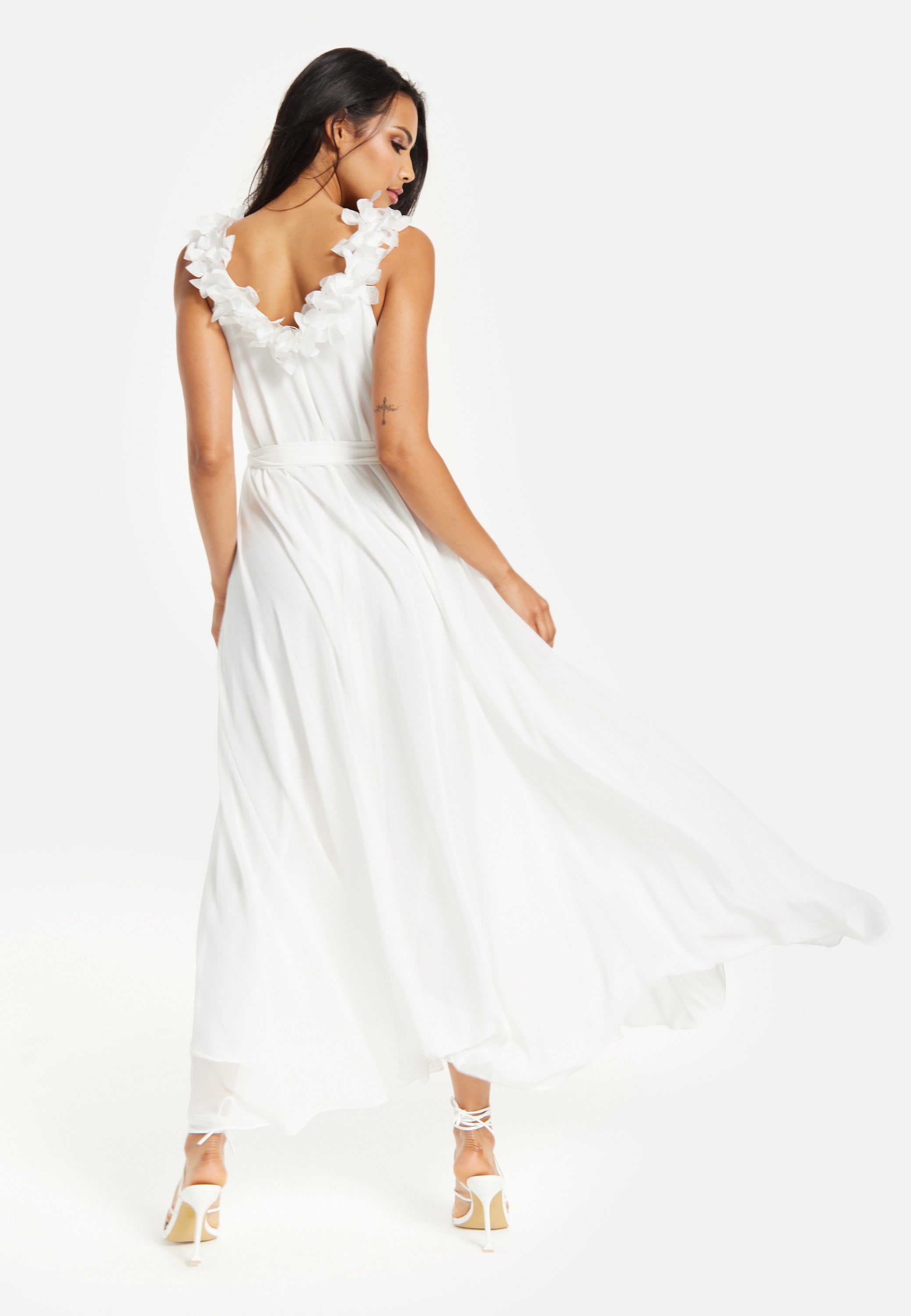 Women's Maxi Dress with Leaf Detail and Tie Waist in Off White - Stylish and Comfortable by Liquorish