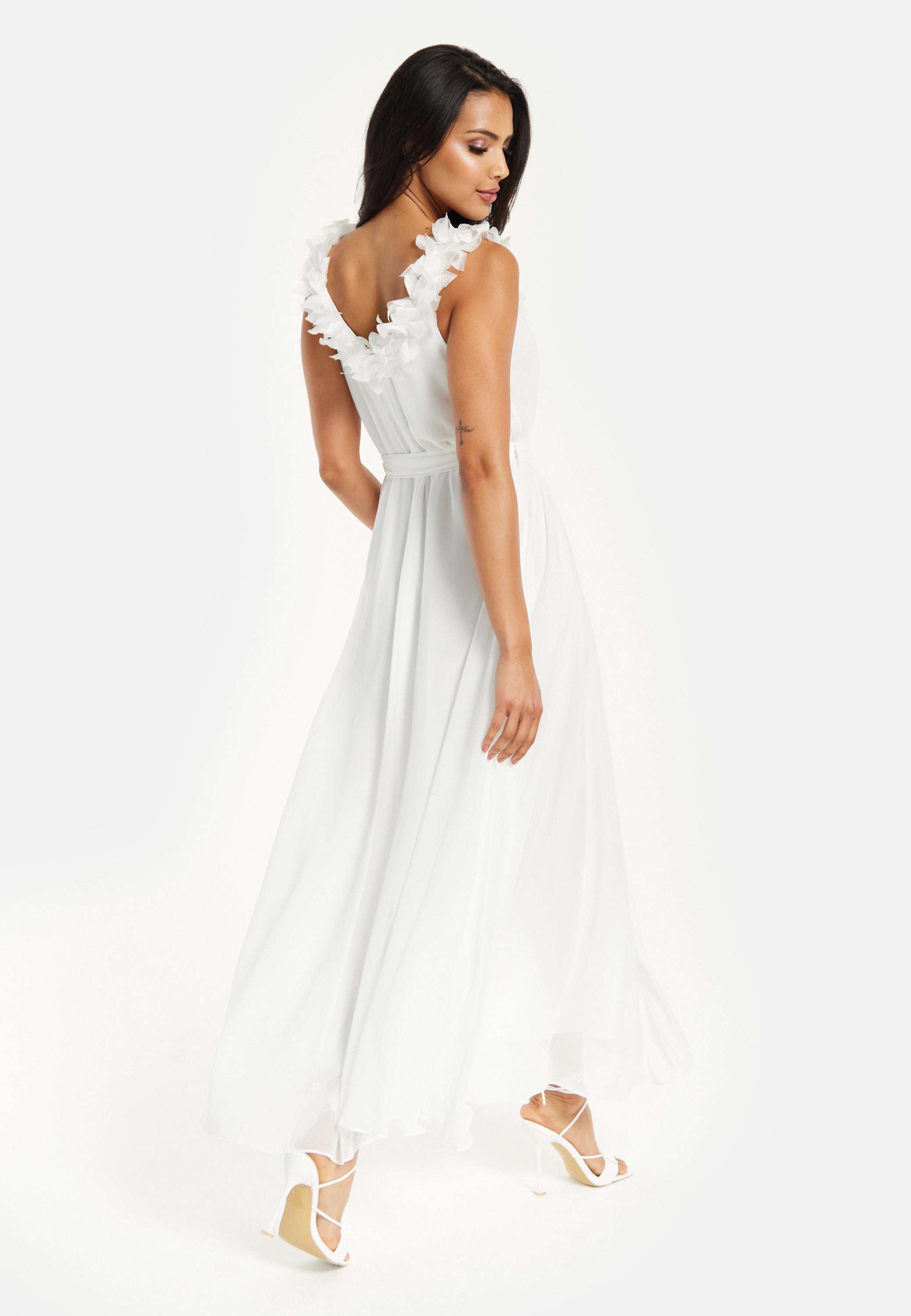 Women's Maxi Dress with Leaf Detail and Tie Waist in Off White - Stylish and Comfortable by Liquorish