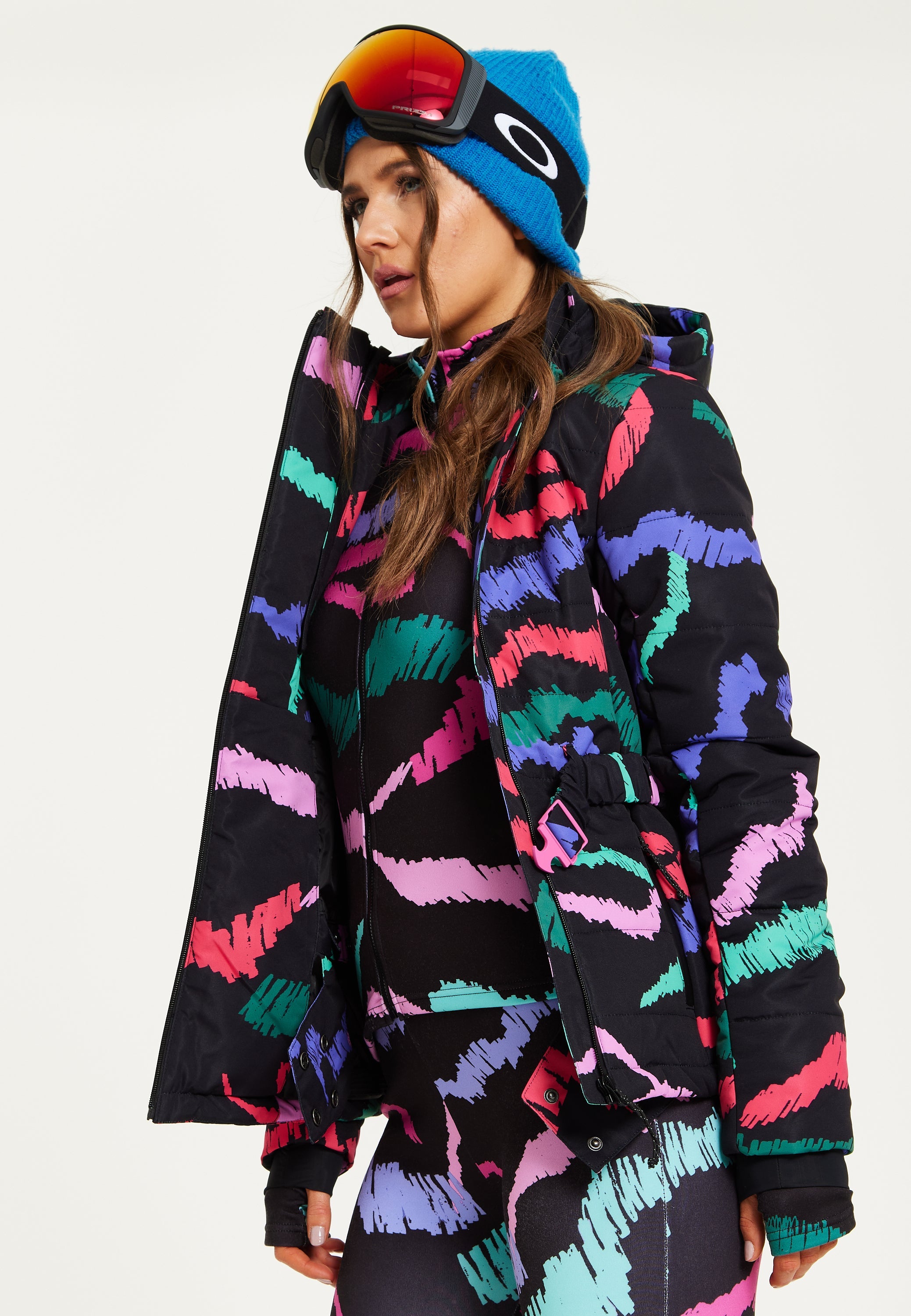 Women’s Jacket in Black Abstract Print with Thumbhole Cuffs and Adjustable Toggle Collar by Liquorish