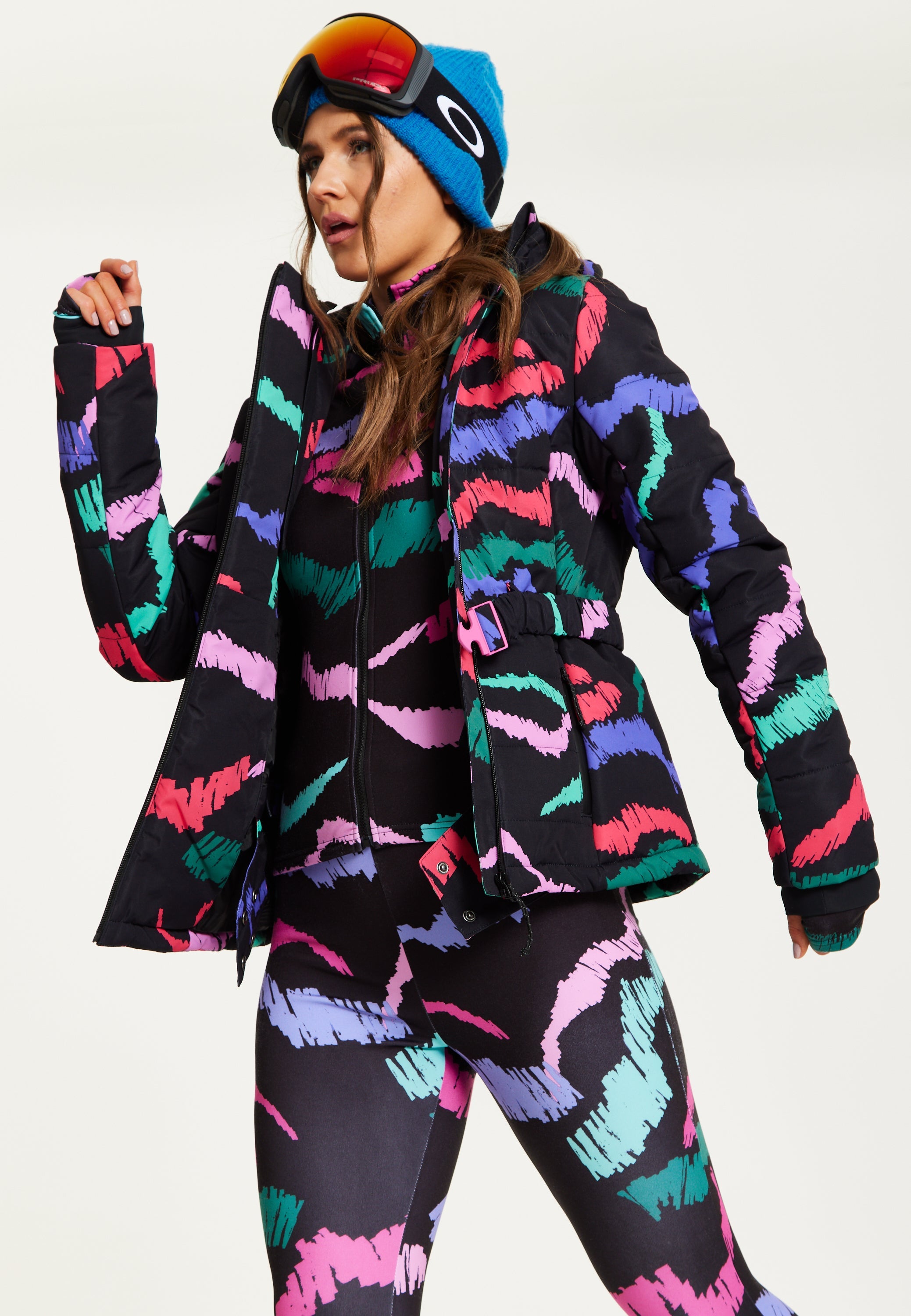 Women’s Jacket in Black Abstract Print with Thumbhole Cuffs and Adjustable Toggle Collar by Liquorish