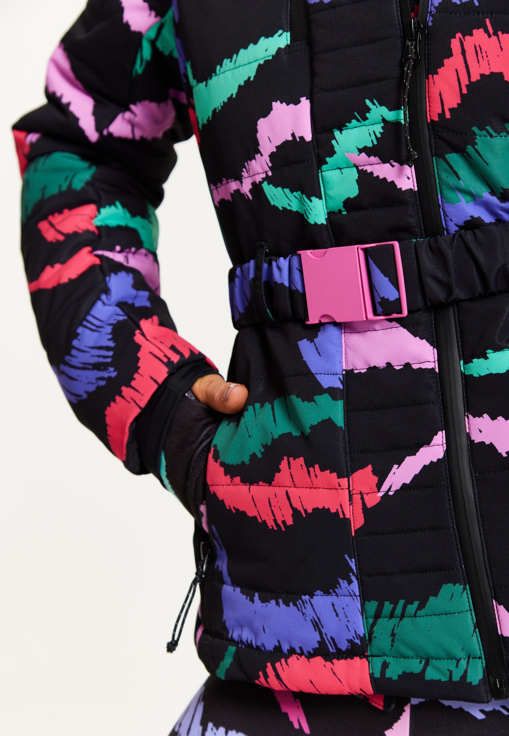 Women’s Jacket in Black Abstract Print with Thumbhole Cuffs and Adjustable Toggle Collar by Liquorish