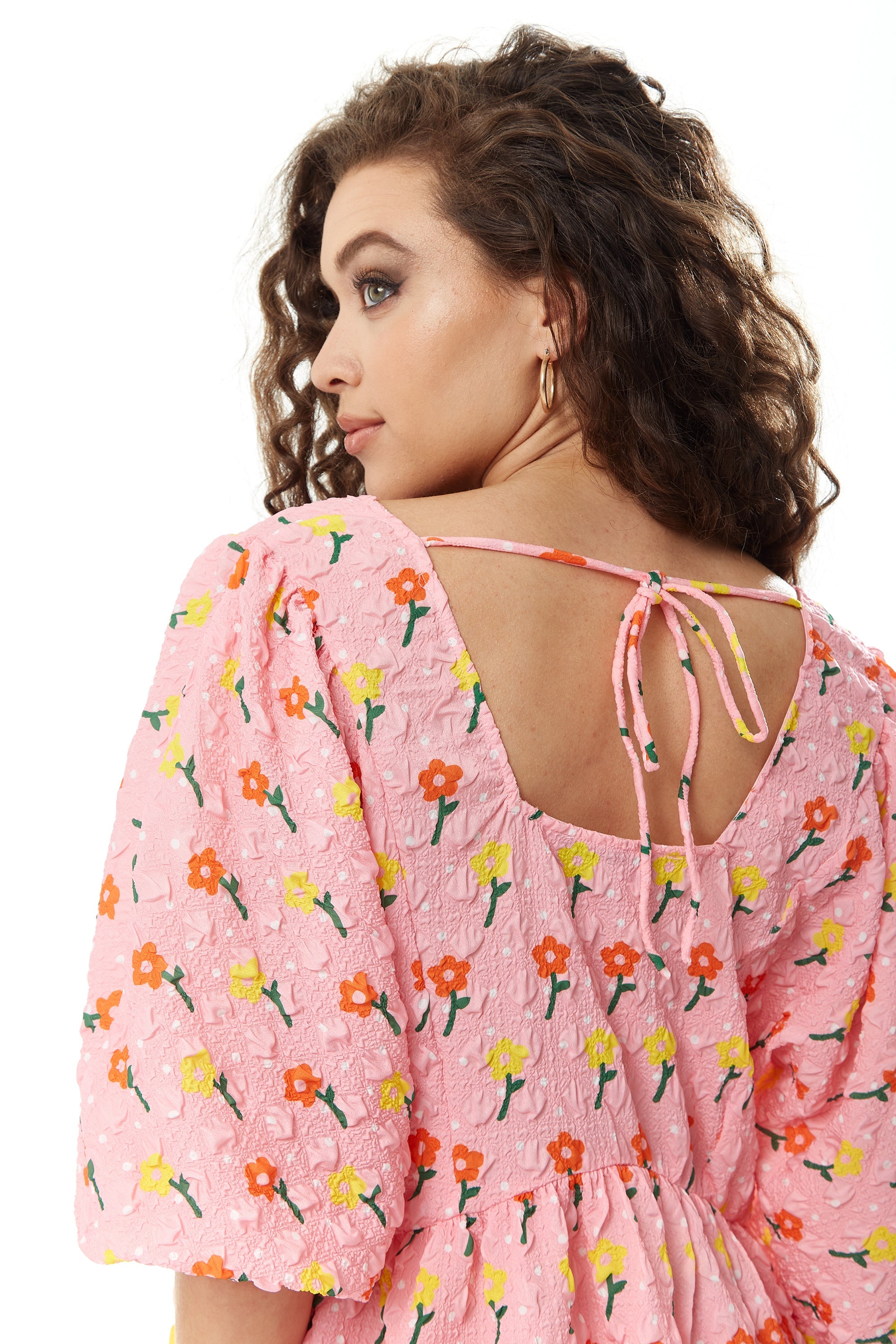 Women's Mini Dress with Short Sleeves in Pink Floral Smock Style - Elegant and Comfortable by Liquorish
