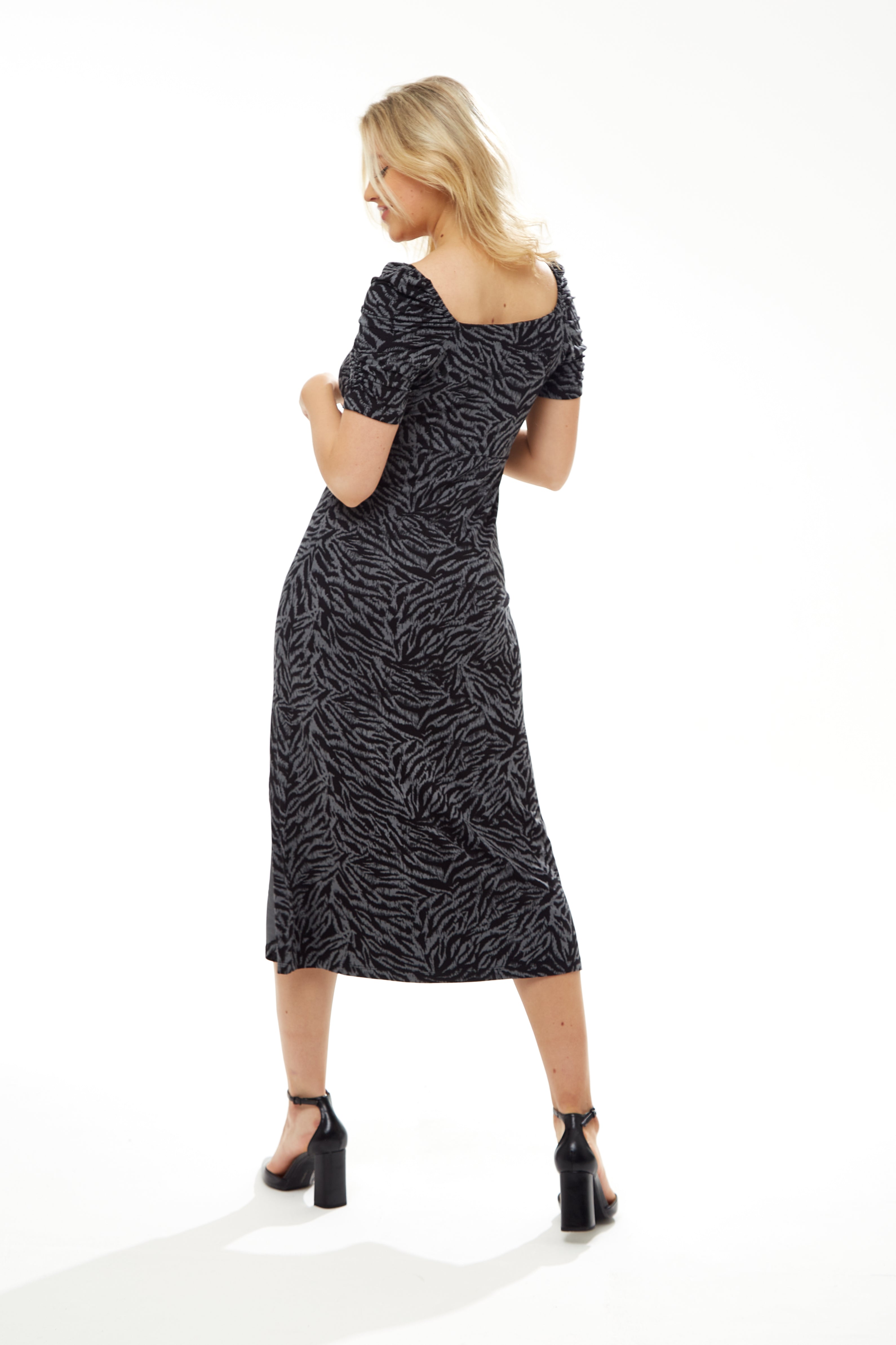 Women's Midi Dress in Black and Grey Zebra Print with Short Sleeves - Liquorish