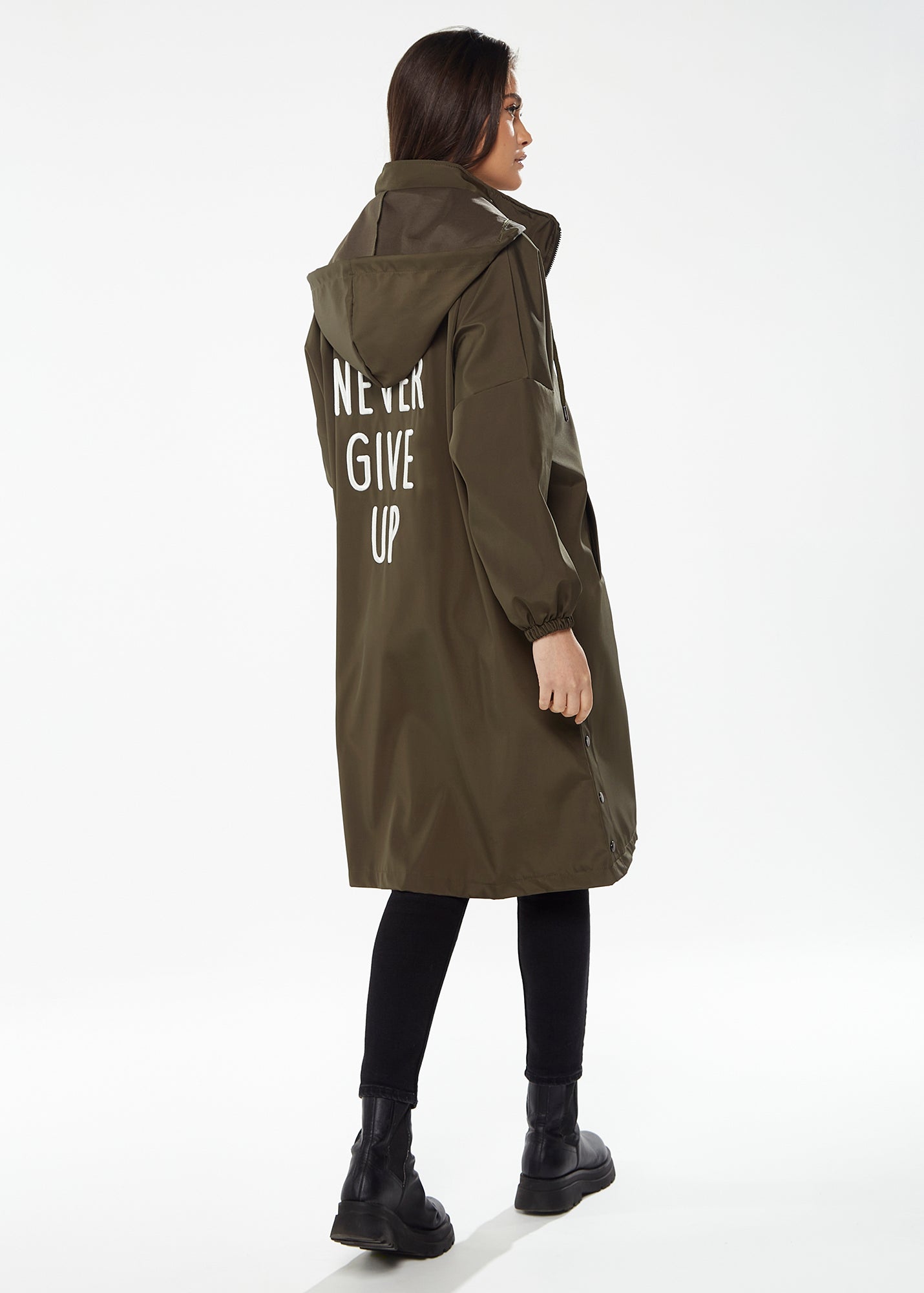 Women's Never Give Up Parka in Khaki with Full-Length Sleeves, Eye-Catching Embroidery, and Practical Side Pockets