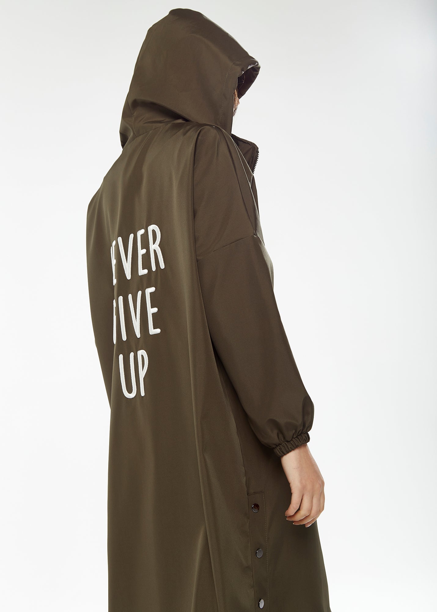 Women's Never Give Up Parka in Khaki with Full-Length Sleeves, Eye-Catching Embroidery, and Practical Side Pockets