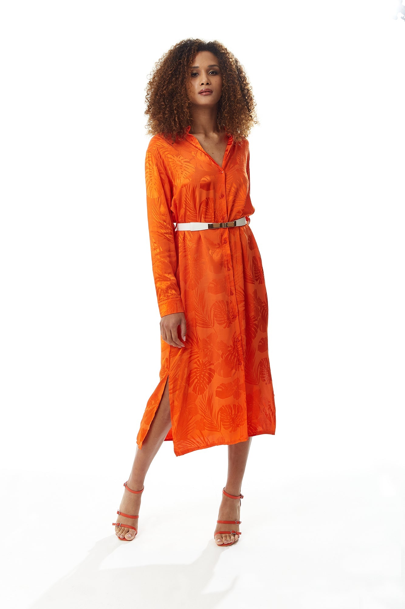 Women's Midi Dress in Coral with Long Sleeves and Belt - Stylish Leaf Print by Liquorish