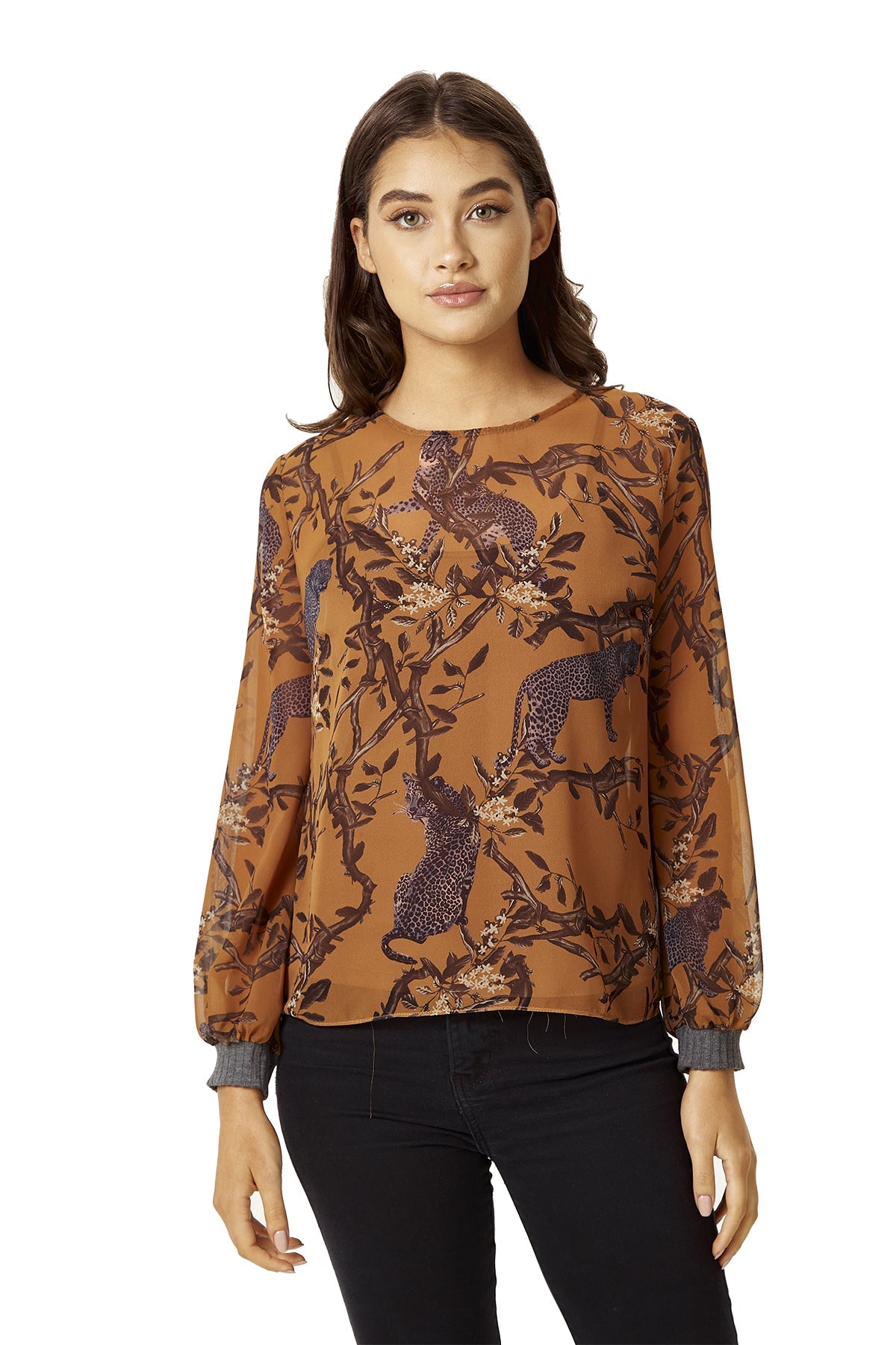 Women's Cheetah Print Long Sleeve Top in Grey with Elasticated Cuffs - Regular Fit, Stylish and Comfortable