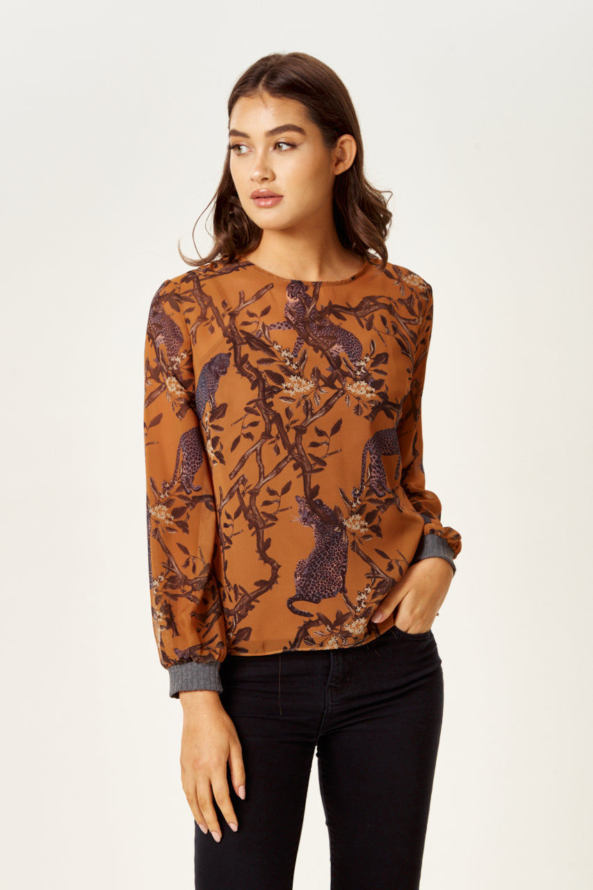 Women's Cheetah Print Long Sleeve Top in Grey with Elasticated Cuffs - Regular Fit, Stylish and Comfortable