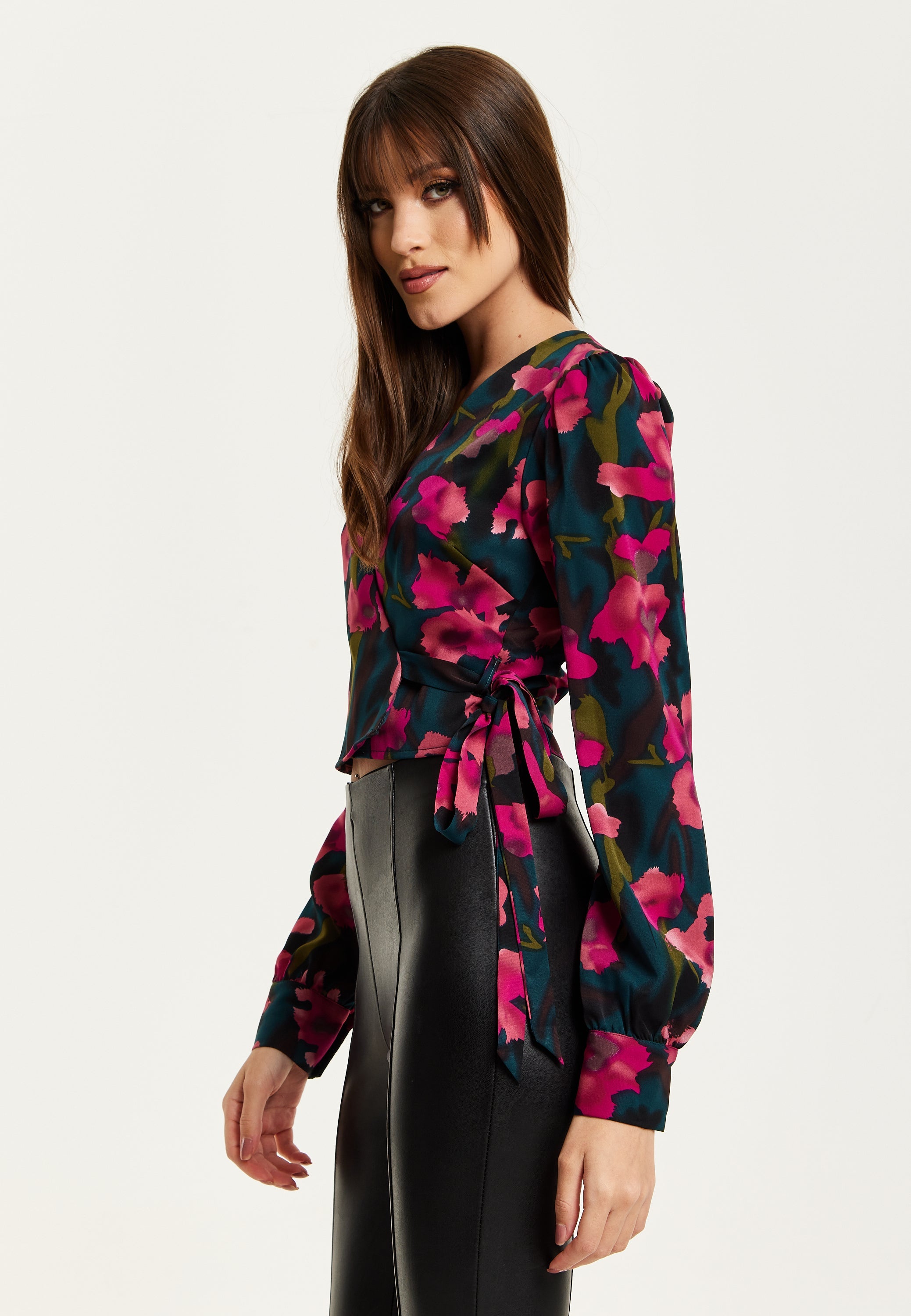 Women's Floral Print Wrap Top in Green and Pink with Long Sleeves, Deep V-Neckline, and Matching Tie Waist