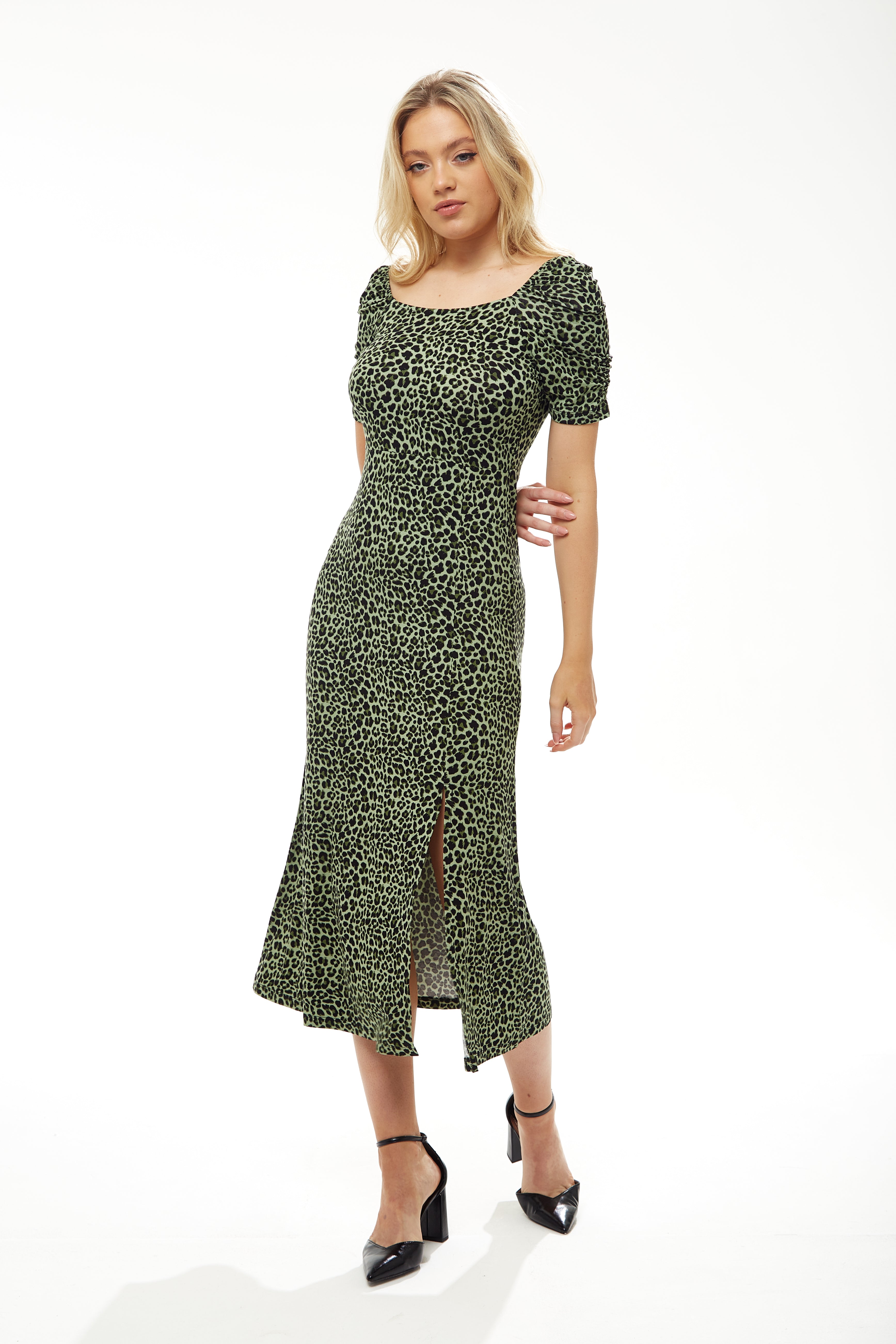 Women's Midi Dress in Khaki Animal Print with Short Sleeves and Front Slit - Liquorish