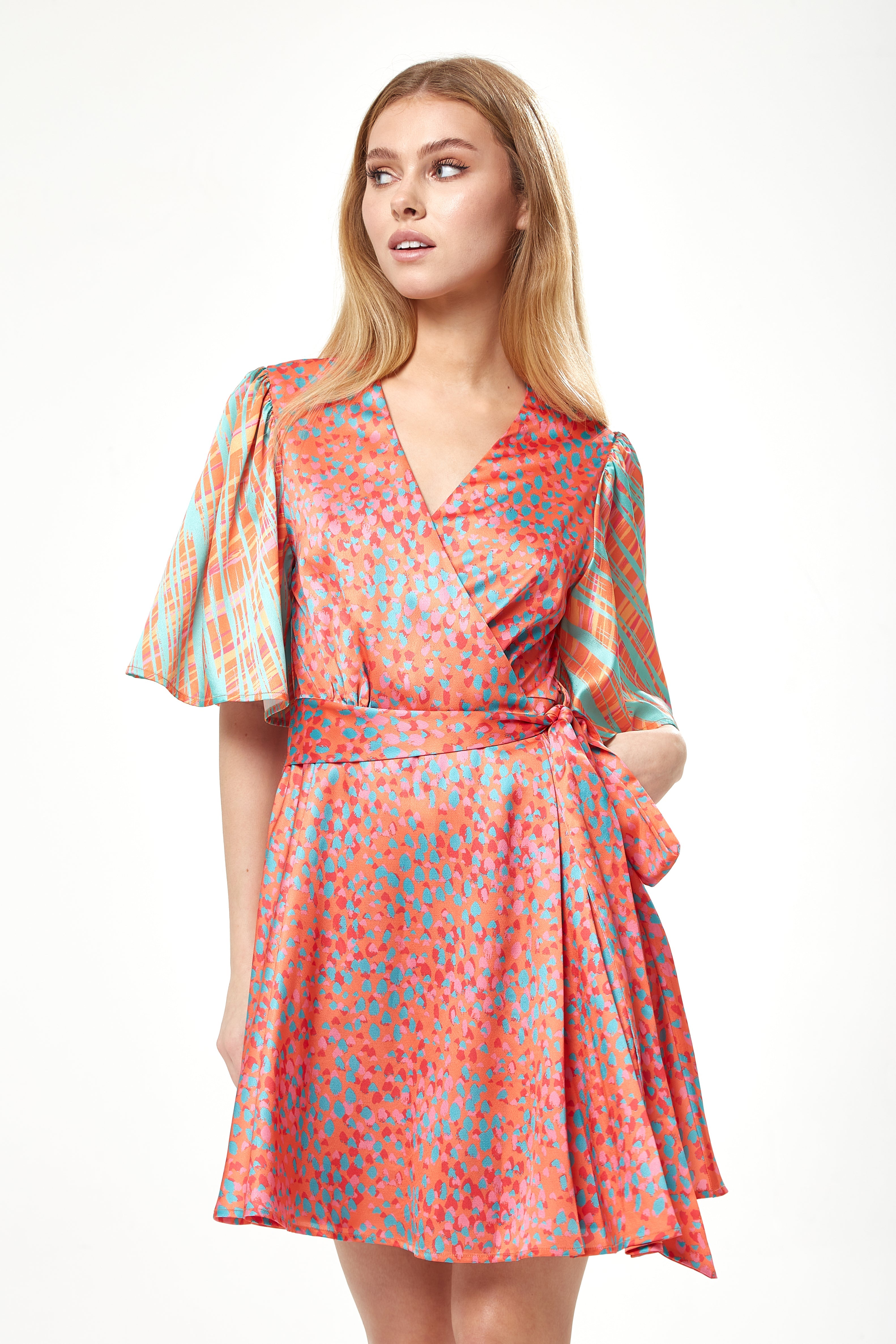 Women's Mini Dress in Vibrant Orange with Kimono Sleeves and Wrap Style - Liquorish