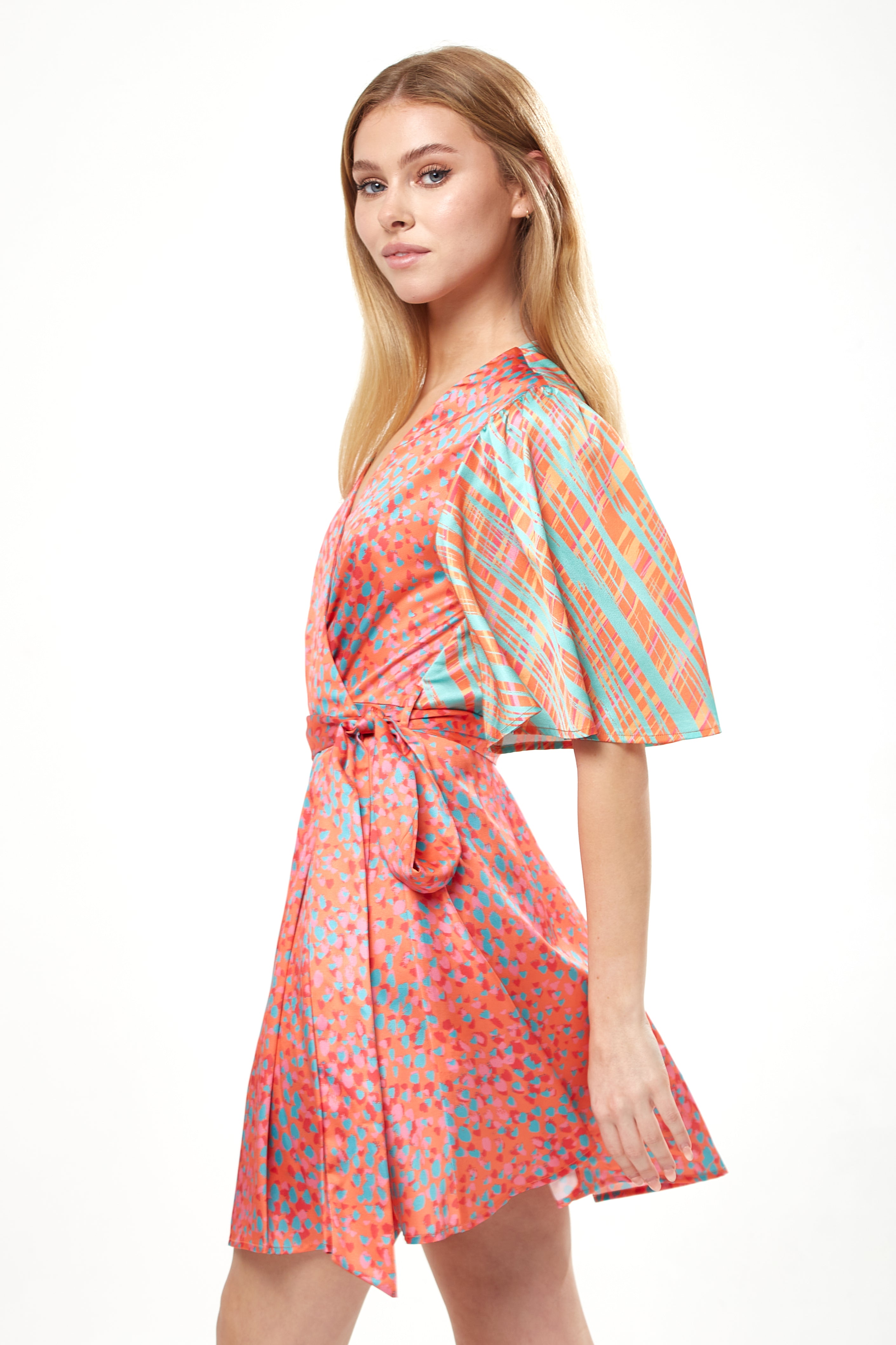 Women's Mini Dress in Vibrant Orange with Kimono Sleeves and Wrap Style - Liquorish