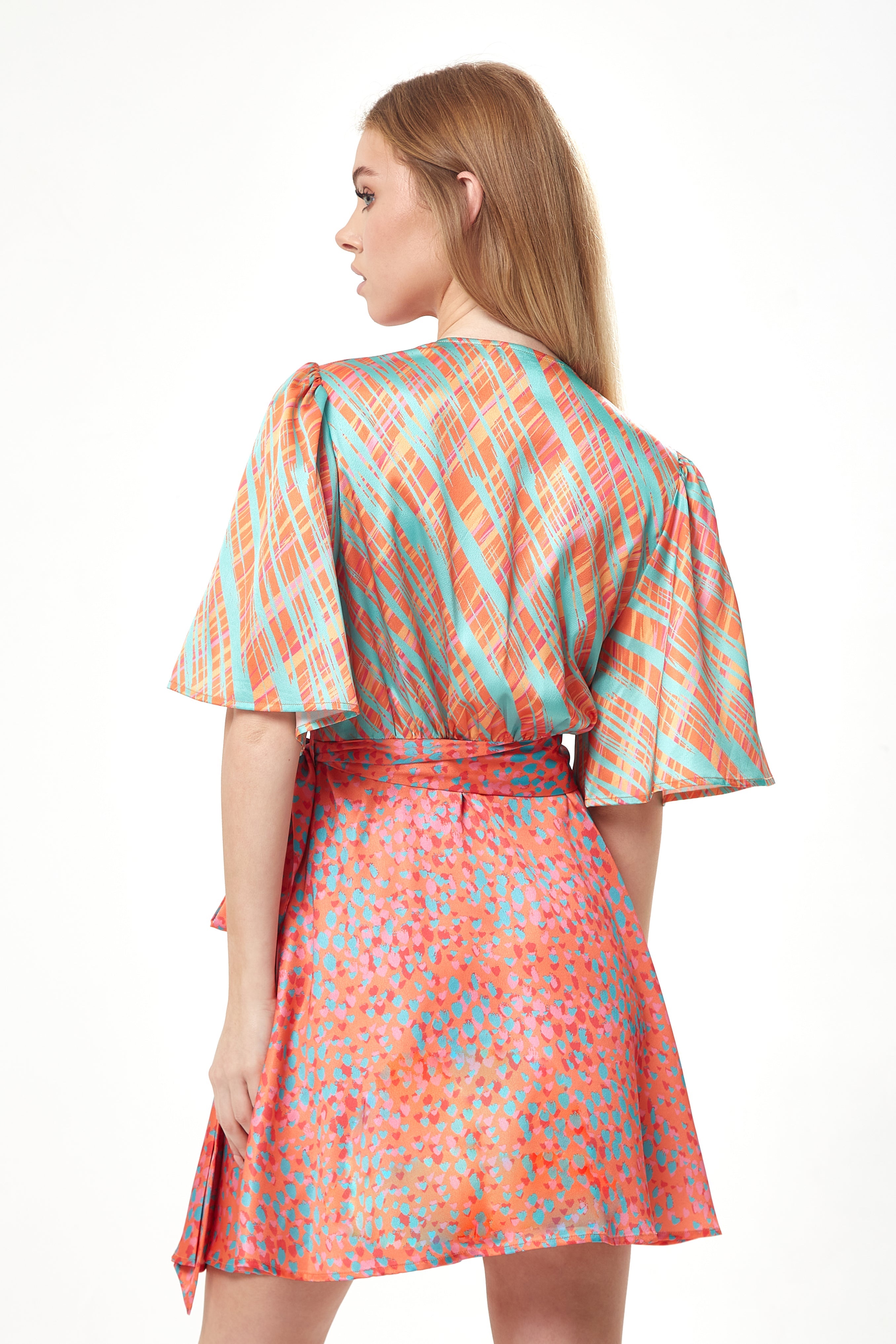 Women's Mini Dress in Vibrant Orange with Kimono Sleeves and Wrap Style - Liquorish