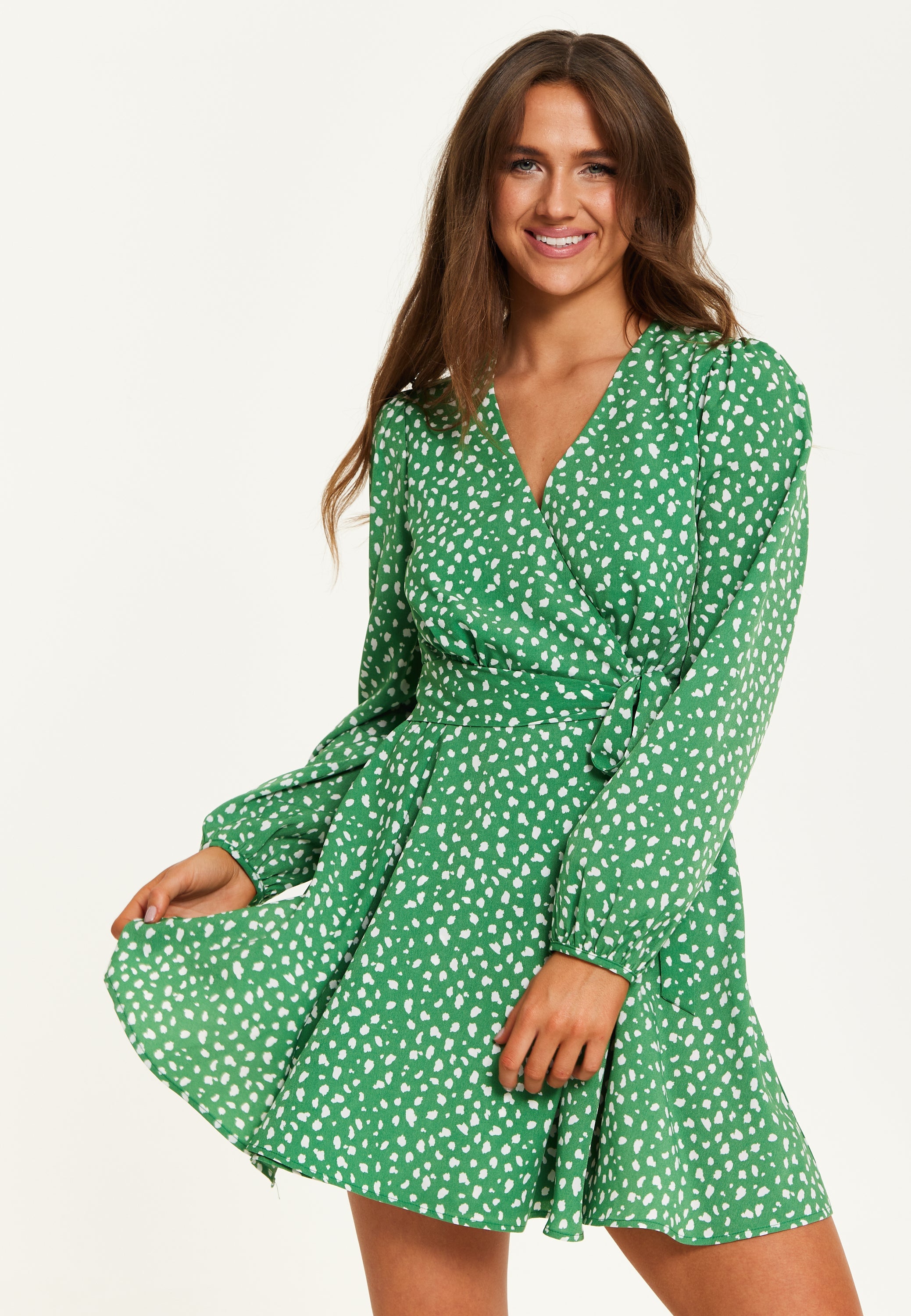 Women's Mini Dress in Green with Long Sleeves, Animal Print Wrap Style - Chic and Flattering by Liquorish
