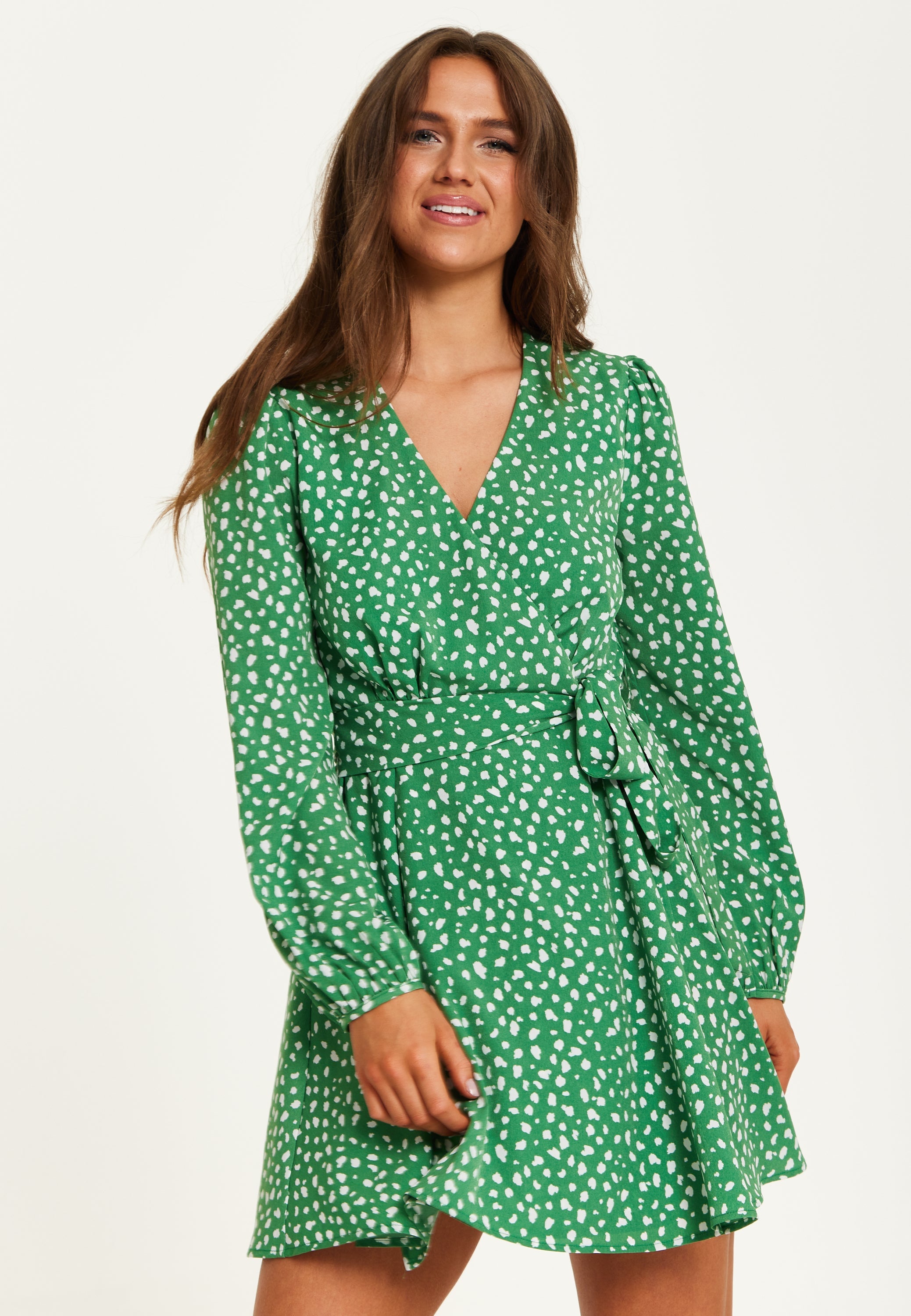 Women's Mini Dress in Green with Long Sleeves, Animal Print Wrap Style - Chic and Flattering by Liquorish