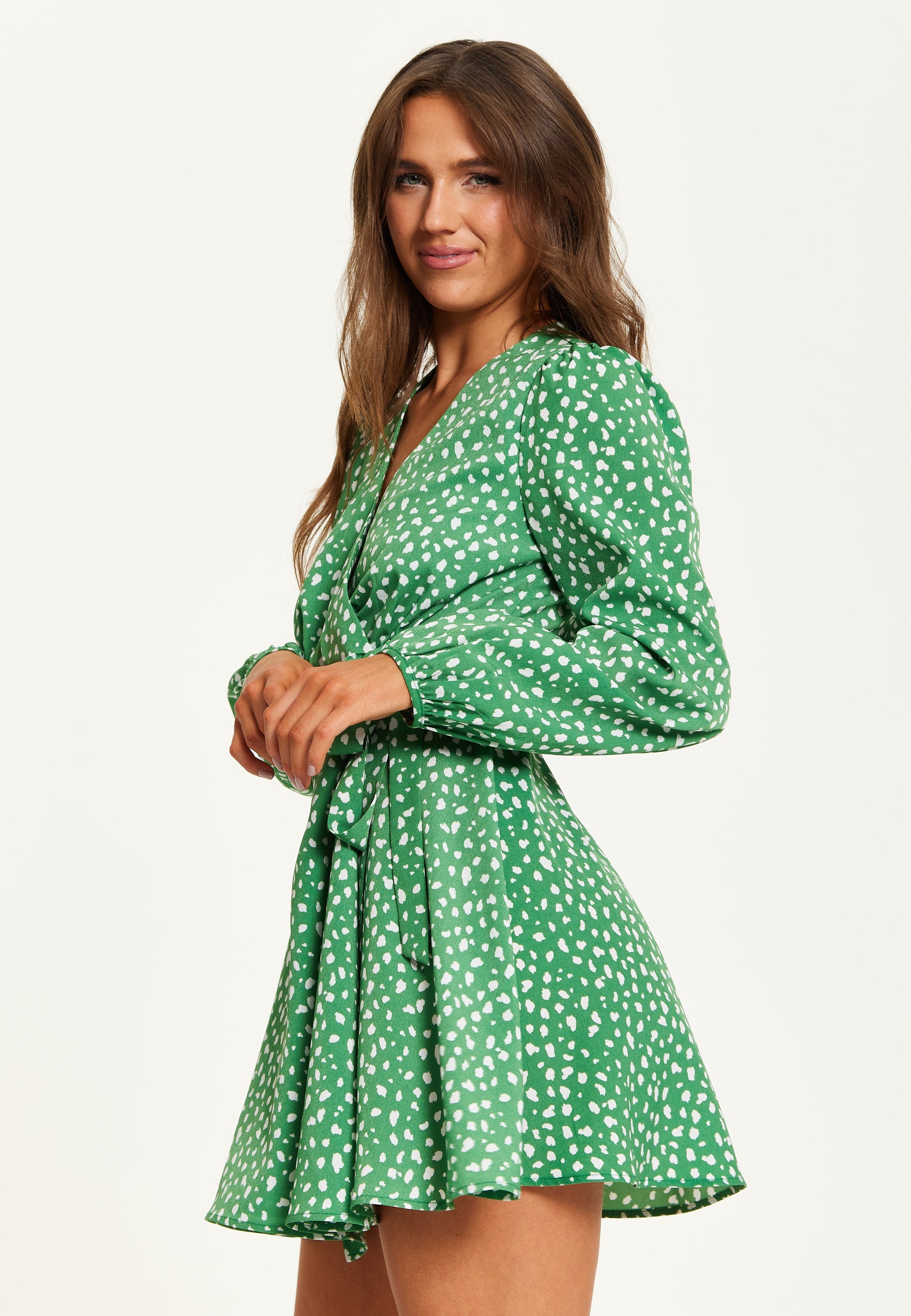 Women's Mini Dress in Green with Long Sleeves, Animal Print Wrap Style - Chic and Flattering by Liquorish