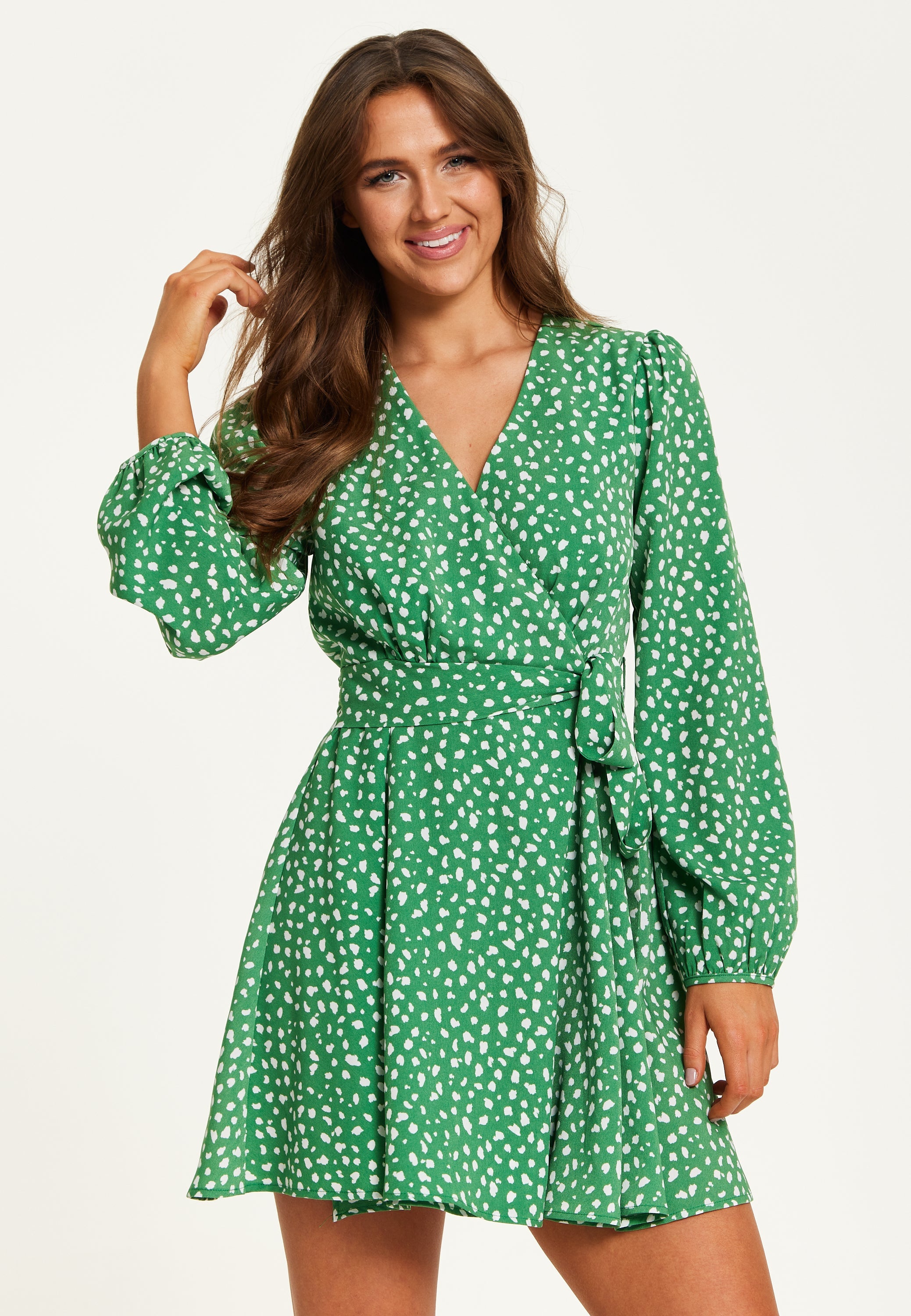 Women's Mini Dress in Green with Long Sleeves, Animal Print Wrap Style - Chic and Flattering by Liquorish