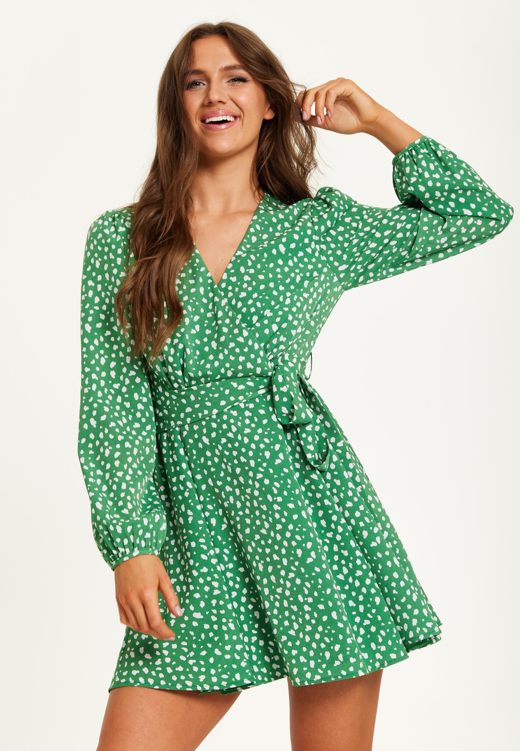 Women's Mini Dress in Green with Long Sleeves, Animal Print Wrap Style - Chic and Flattering by Liquorish