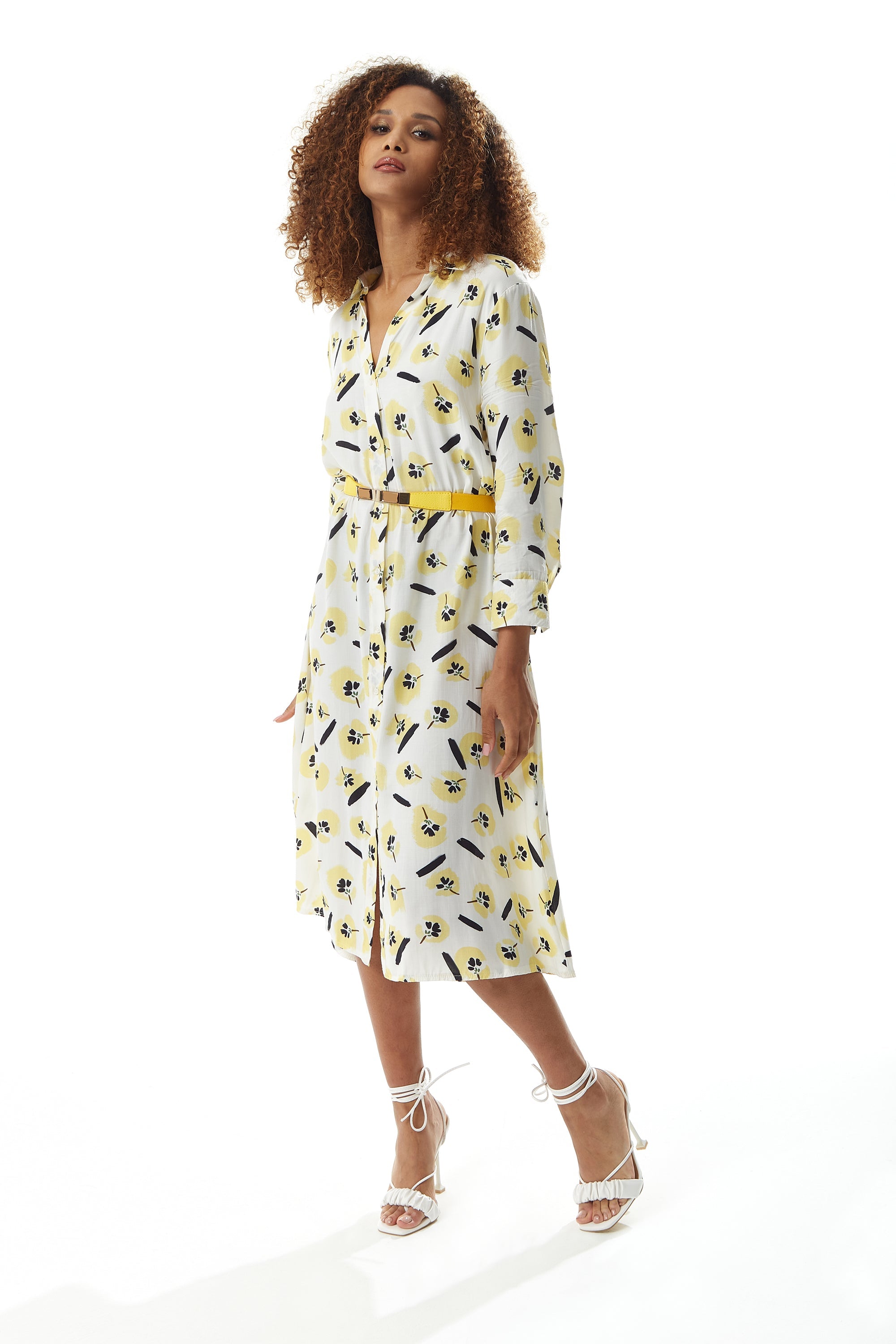 Women's Midi Dress with Long Sleeves in White and Yellow Floral Print, Perfect for Spring - Liquorish