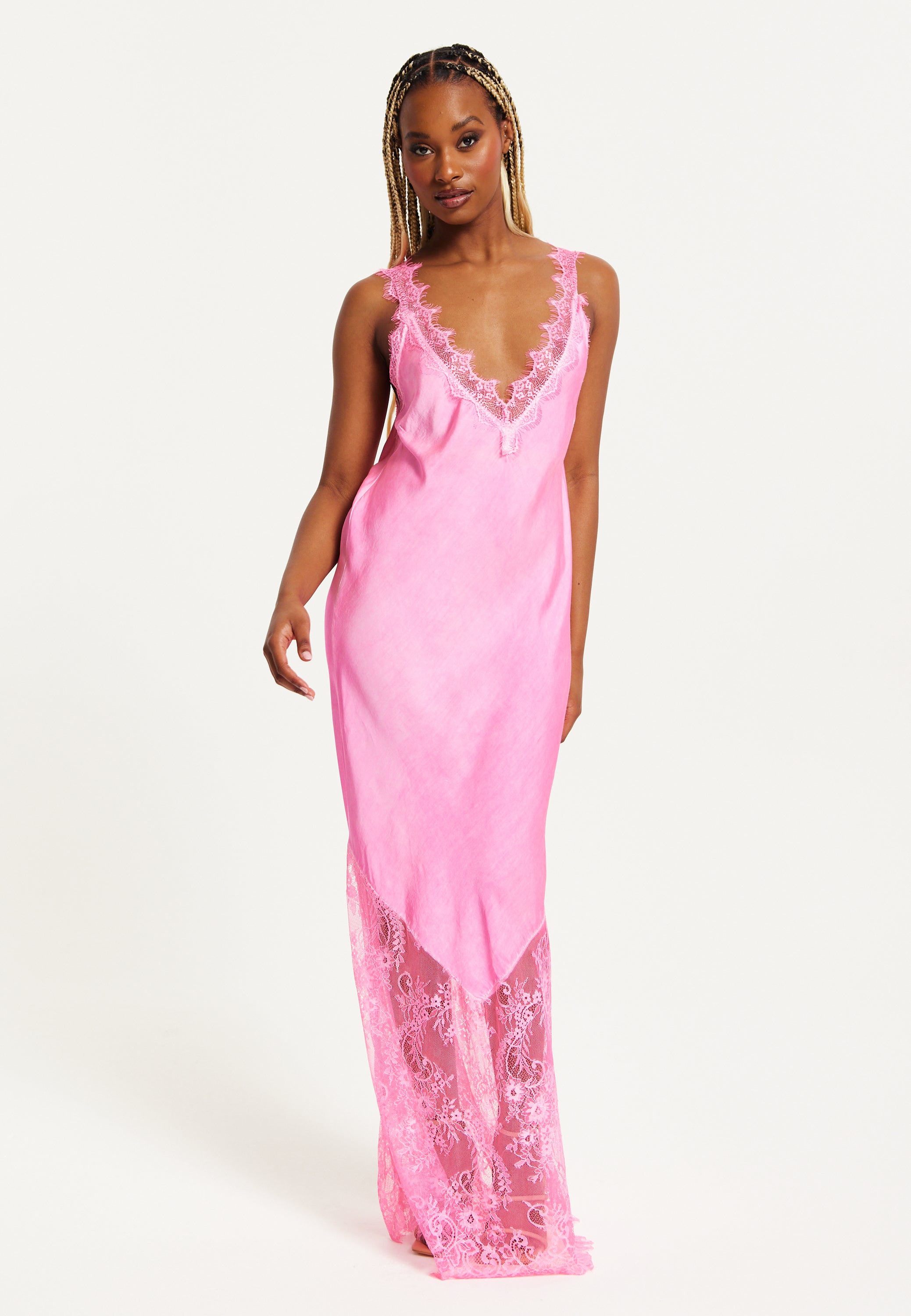 Women's Maxi Dress in Pink, Lace Detailed V-Neck, Sleeveless Design, Effortless Elegance by Liquorish