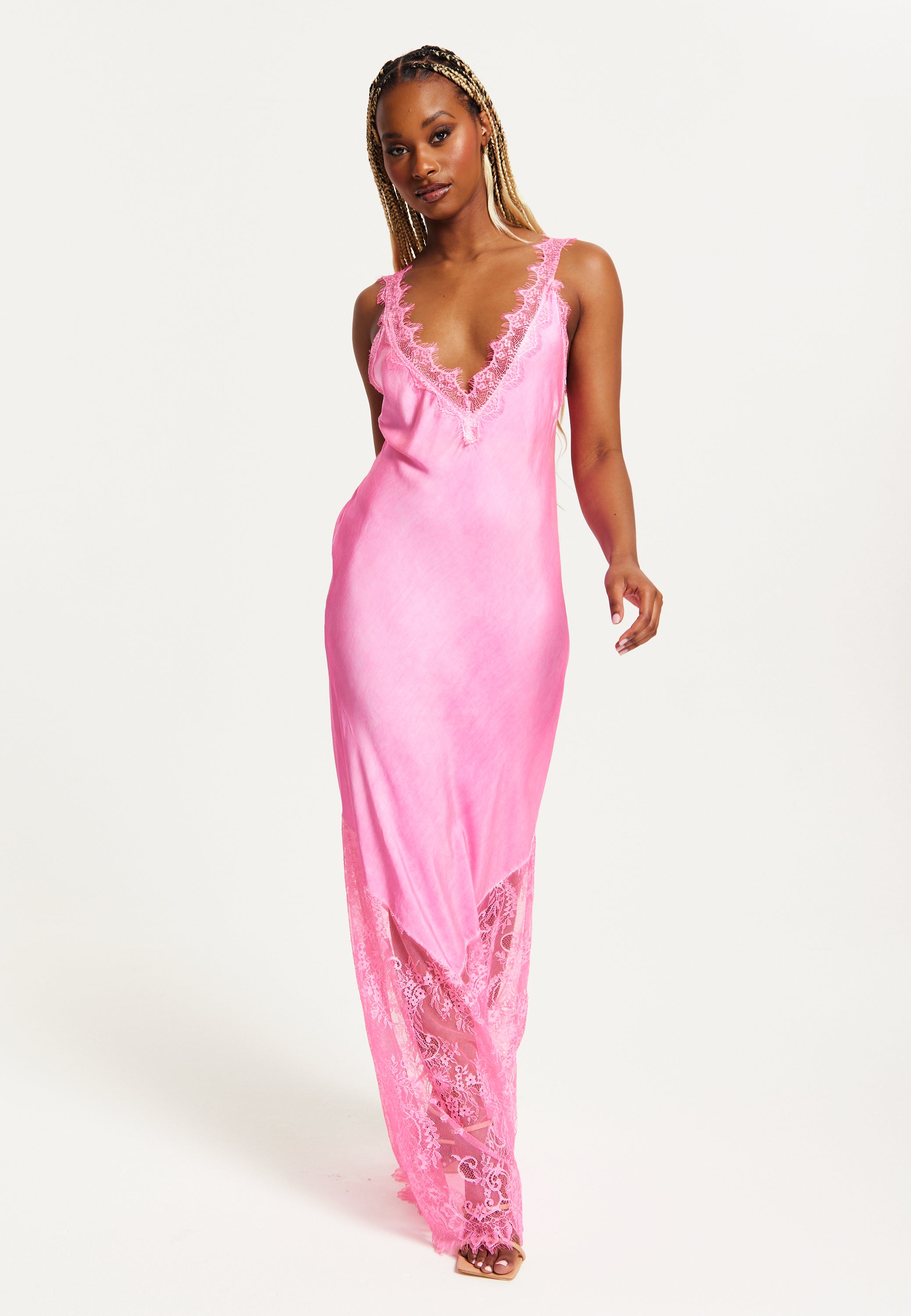 Women's Maxi Dress in Pink, Lace Detailed V-Neck, Sleeveless Design, Effortless Elegance by Liquorish