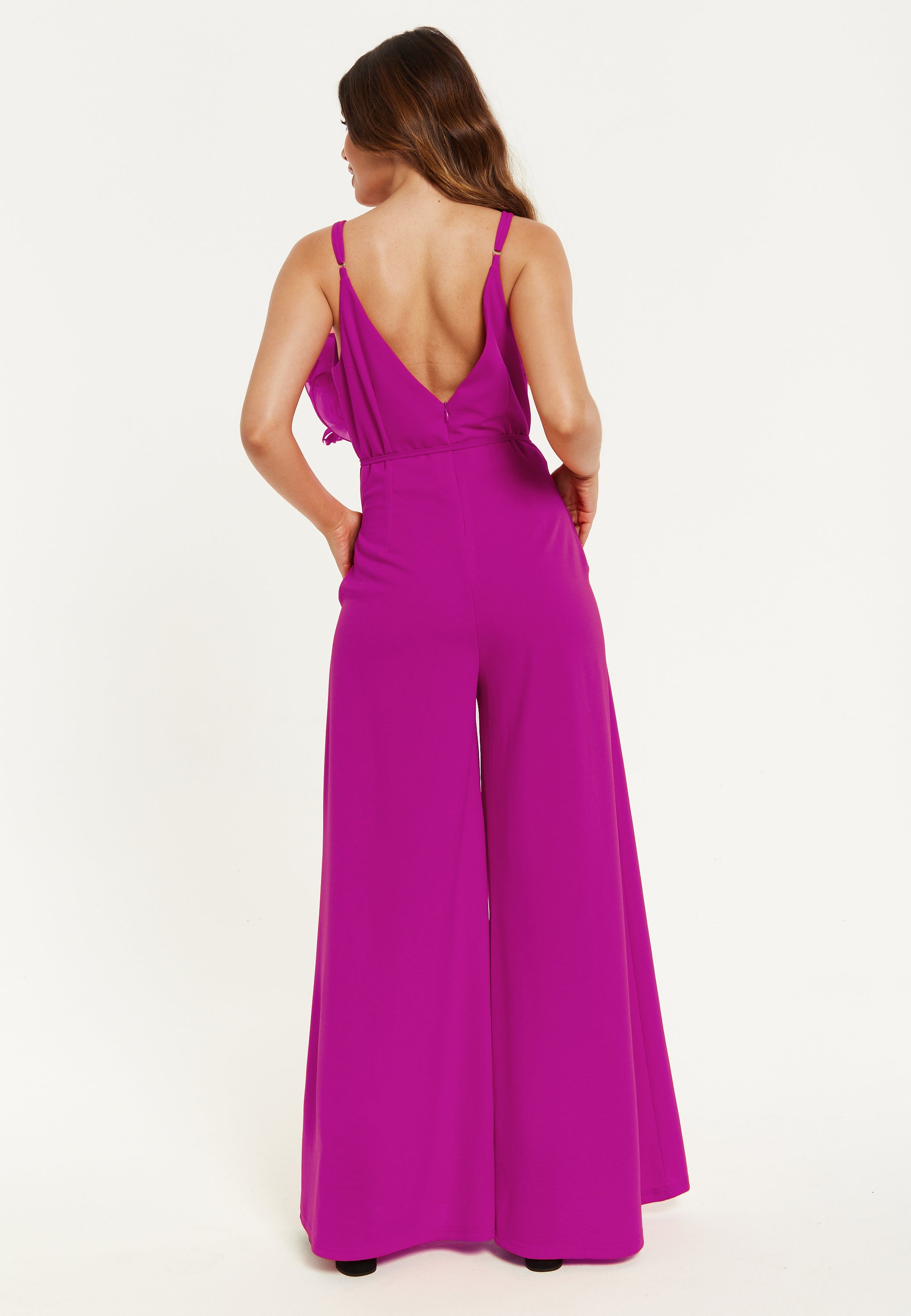 Women's Fuchsia Wide-Leg Jumpsuit with Floral Applique & Deep V-Neck, Side Pockets - Liquorish