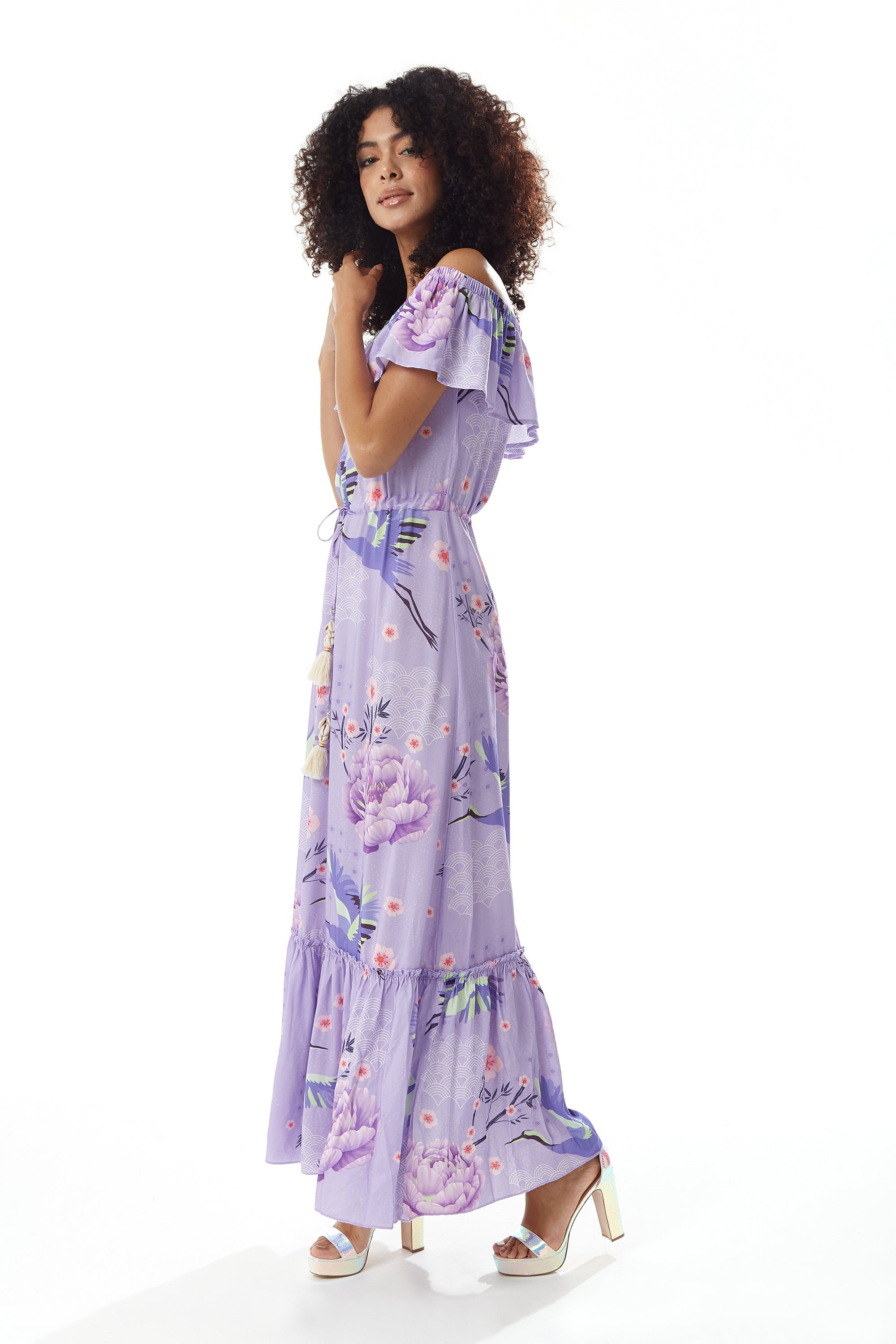 Lilac Floral Off Shoulder Maxi Dress